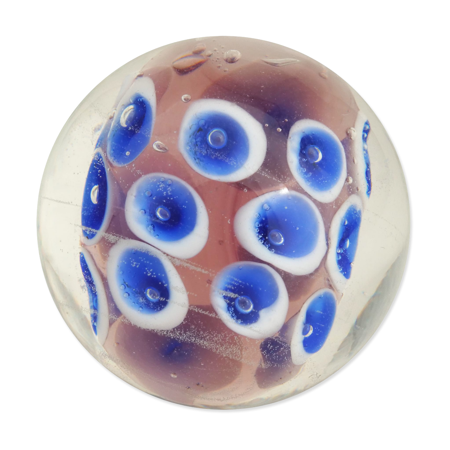Glass marble with blue and white cellular pattern on a white background