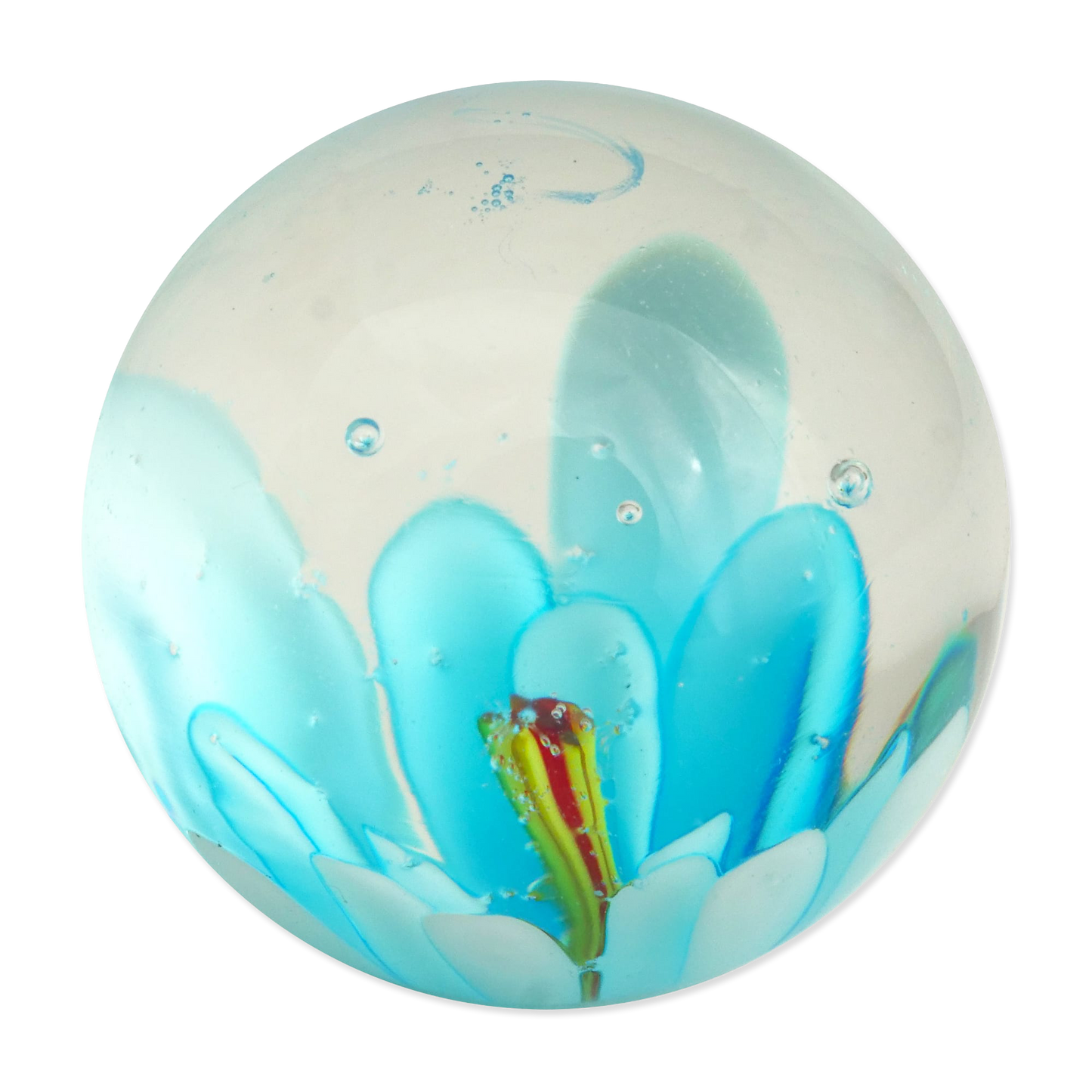 Round glass marble with blue floral design and small figure on a white background