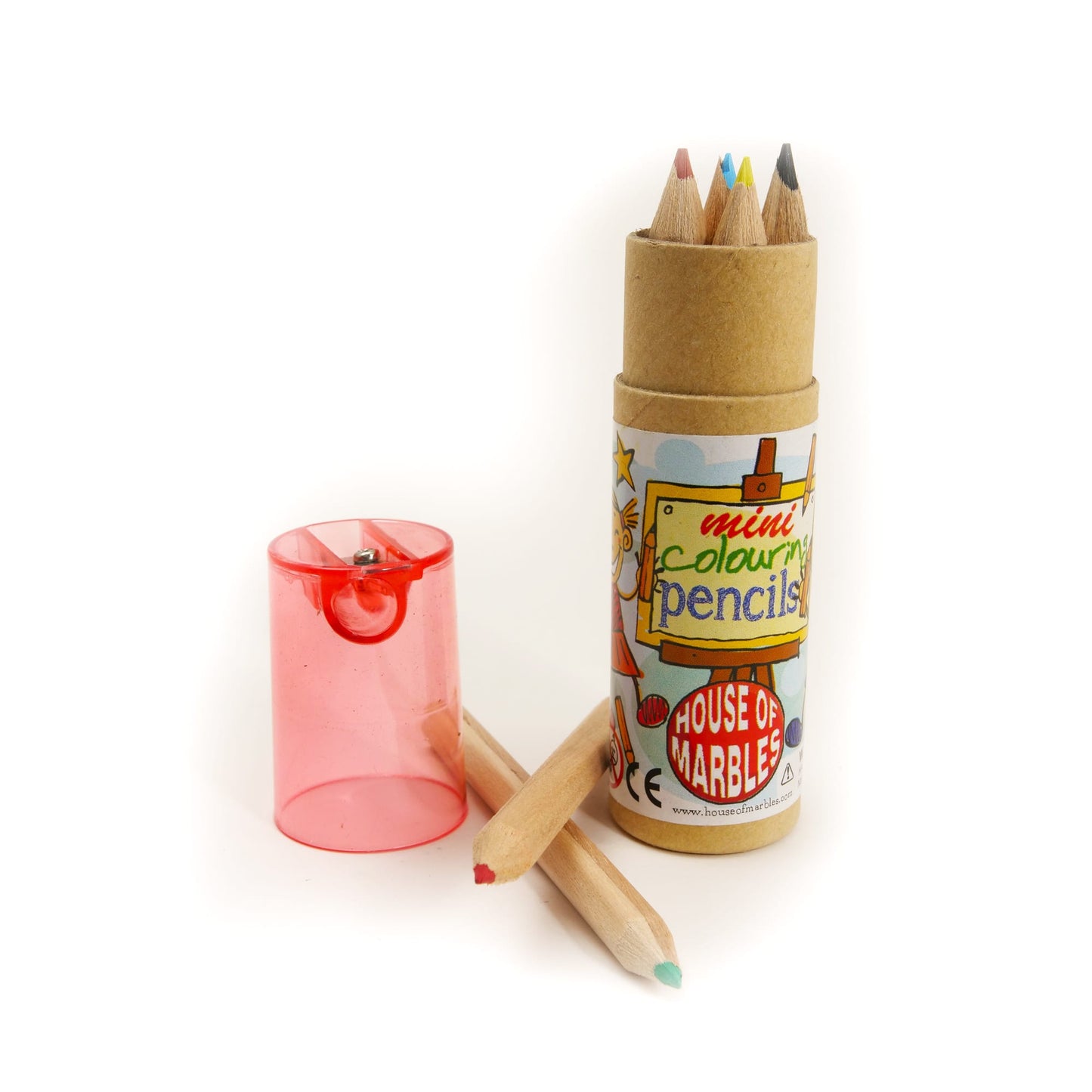 Set of mini color pencils in a cardboard tube with a red sharpener on a white background