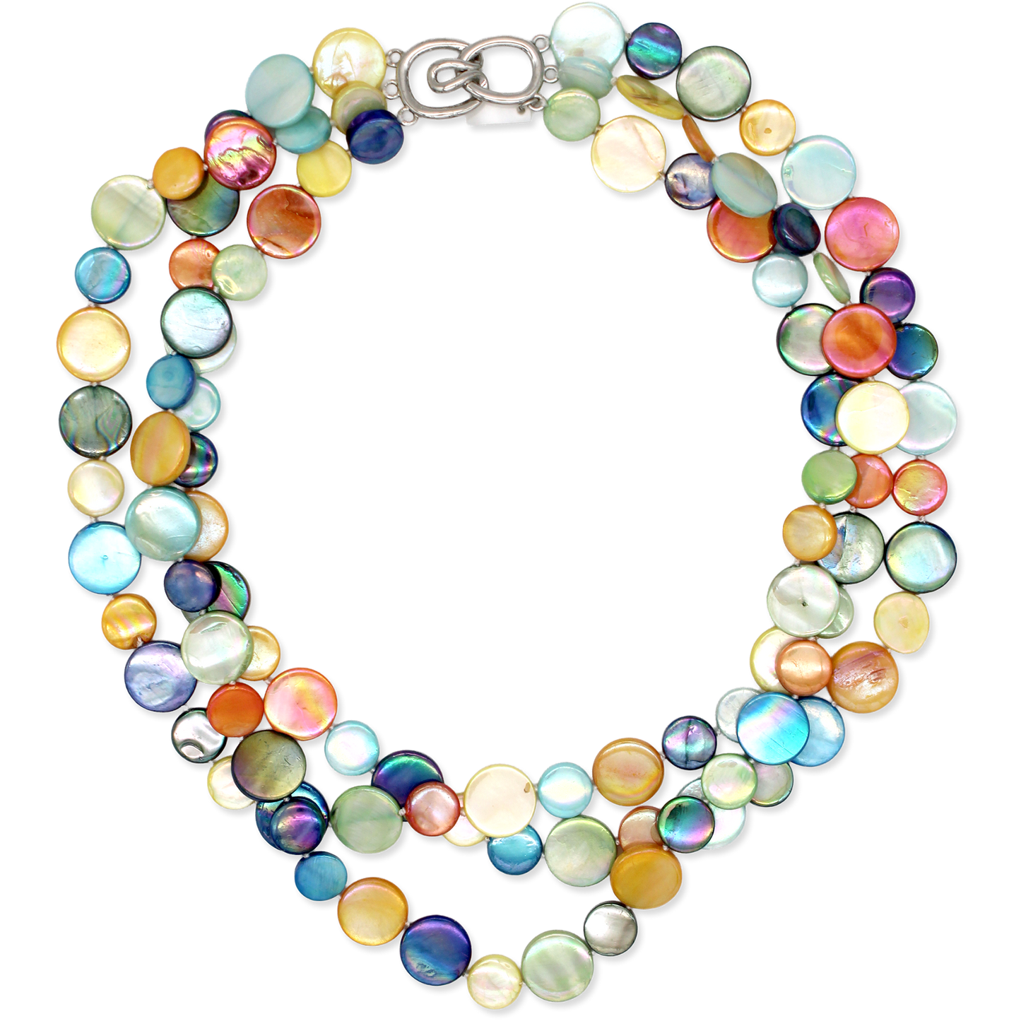 Multicolored pearl necklace on a white background