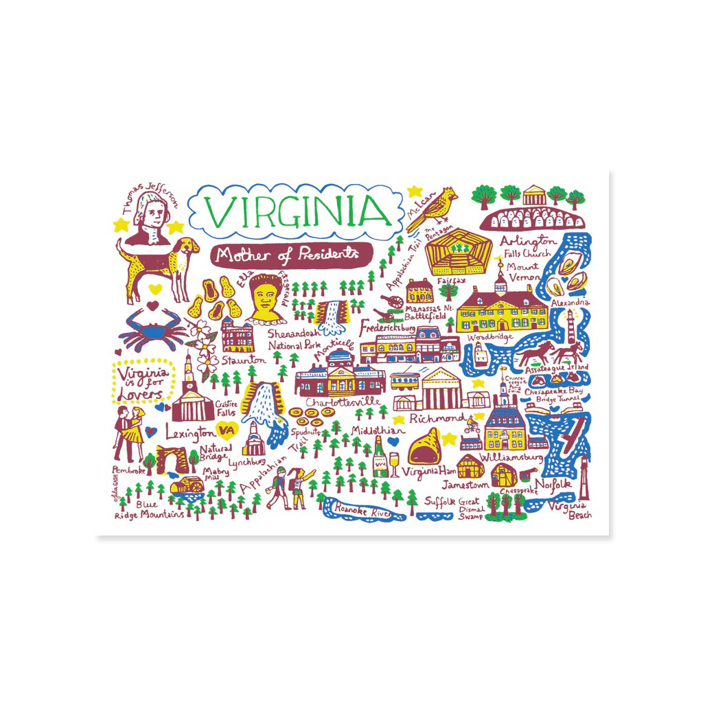 Illustrated map of Virginia with various landmarks and attractions on a white background