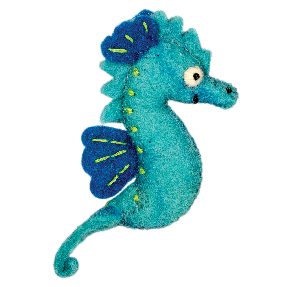 Blue seahorse ornament with green accents on a white background