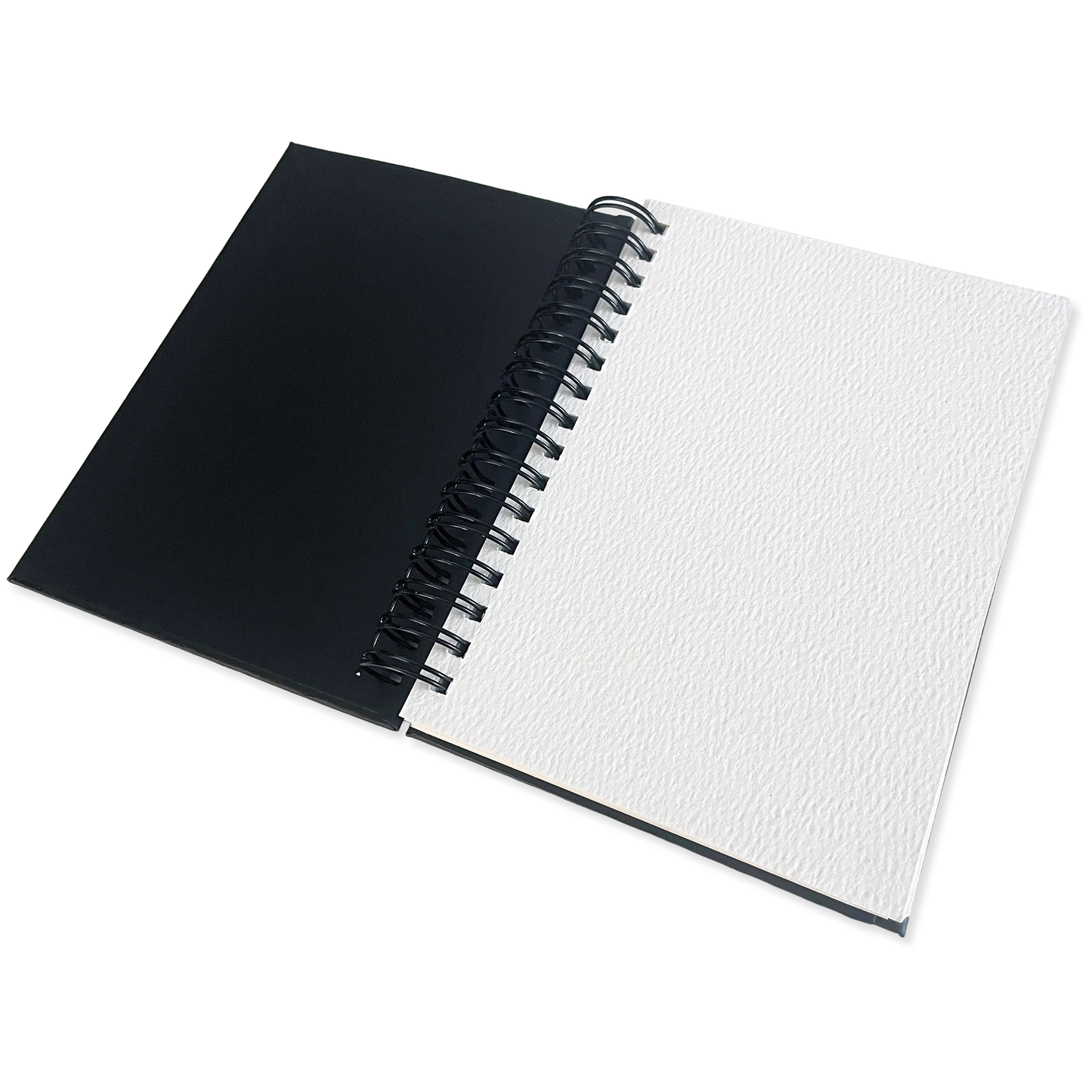 Open notebook with black cover and white pages on a white background