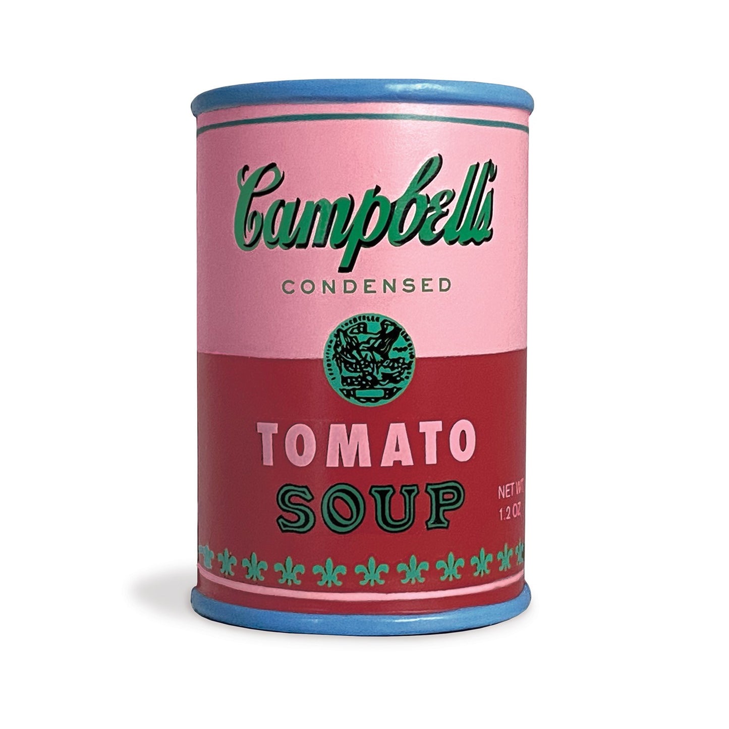 Campbell's Tomato Soup can with a pink and red design on a white background