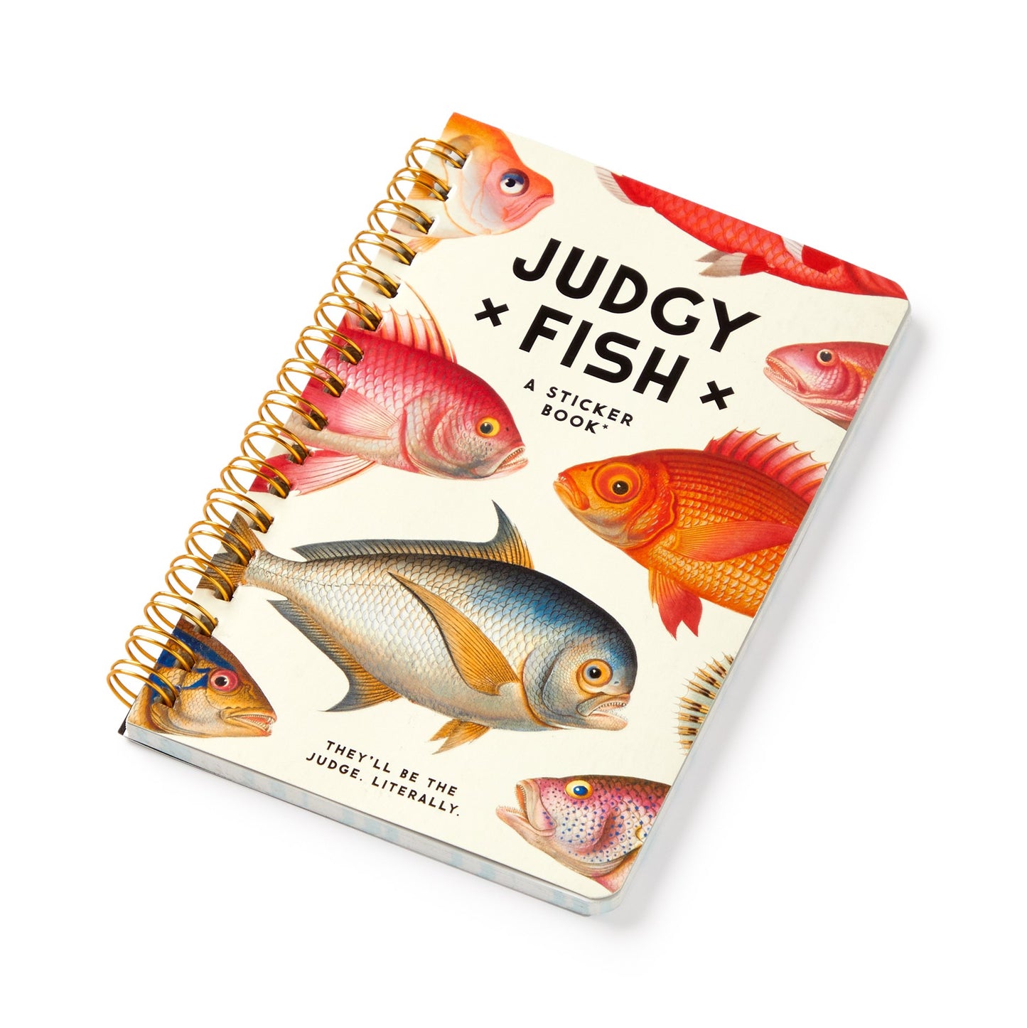 Sticker book titled 'Judgy Fish' with colorful fish illustrations on a white background