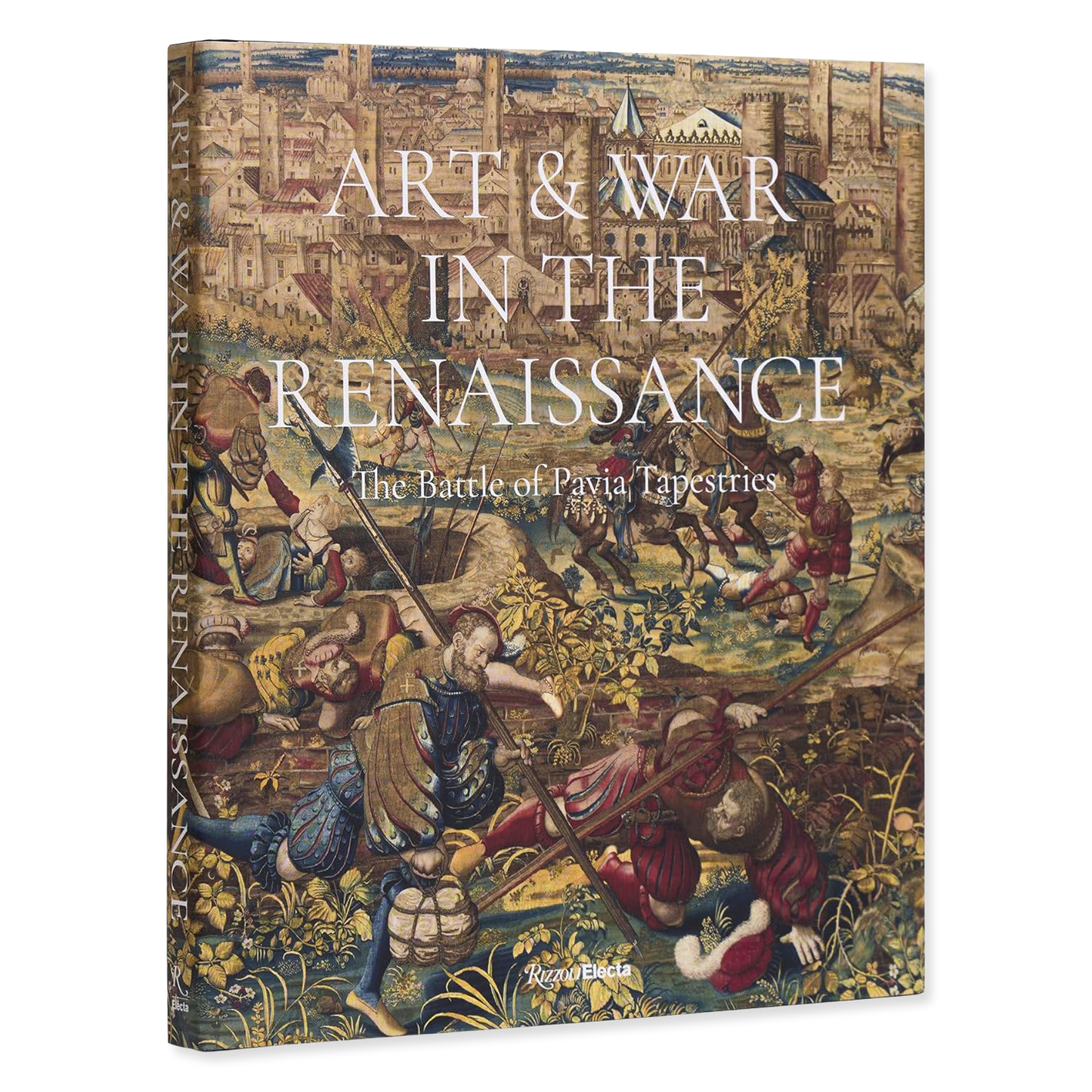 Book cover of 'Art & War in the Renaissance' with tapestry design