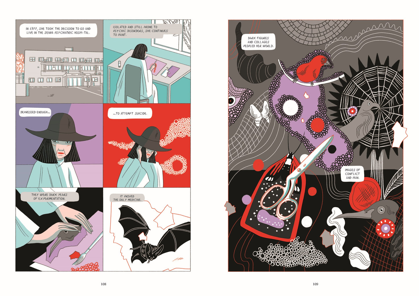 Comic book page with illustrated panels featuring a woman and abstract designs.