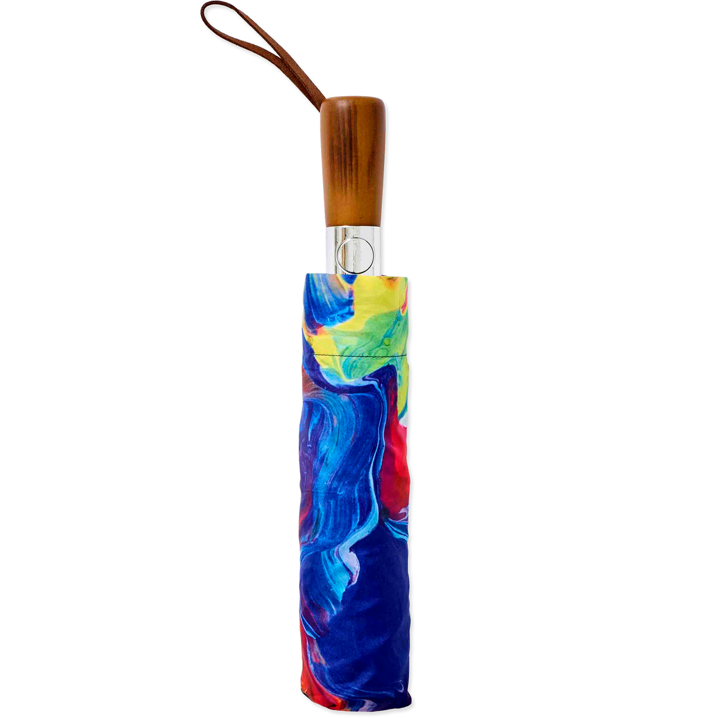 Colorful umbrella with a wooden handle on a white background