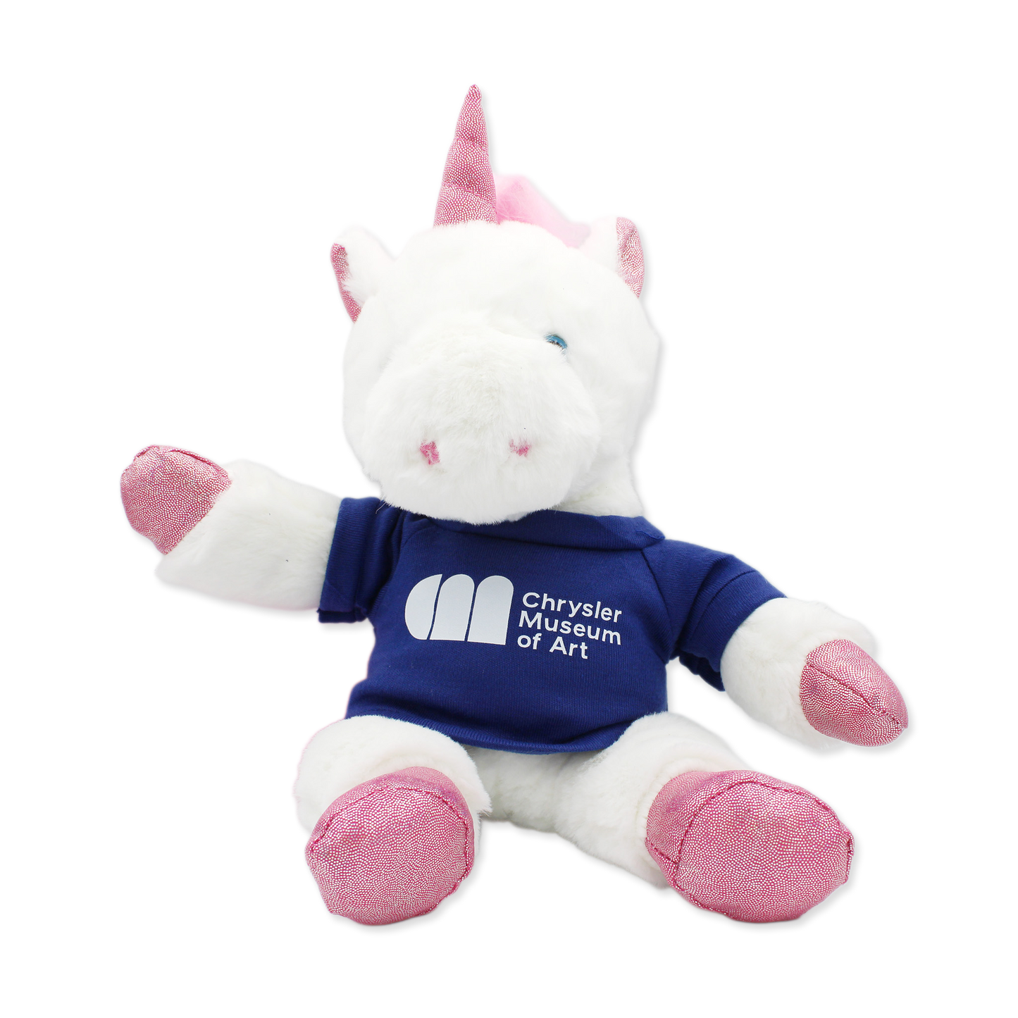 Plush toy unicorn with pink accents wearing a blue shirt with a logo and text on a white background