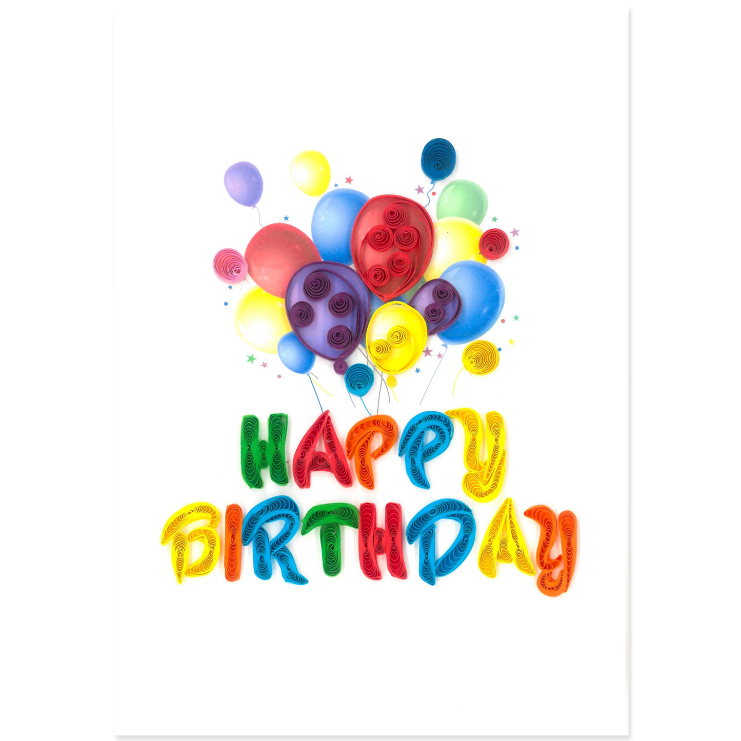 Quilled birthday card featuring colorful balloons