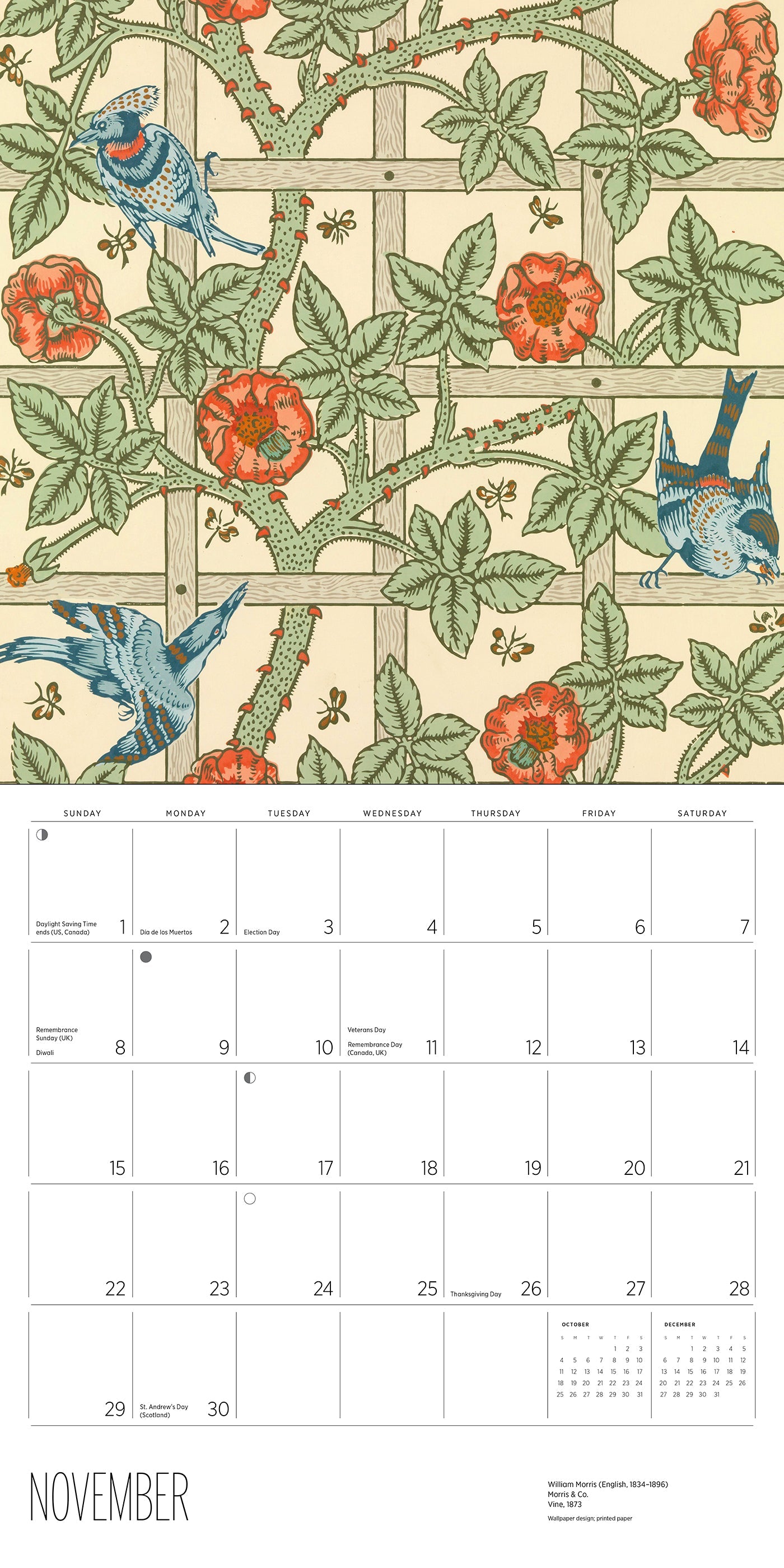 Calendar with floral and bird pattern and blue birds on a beige background