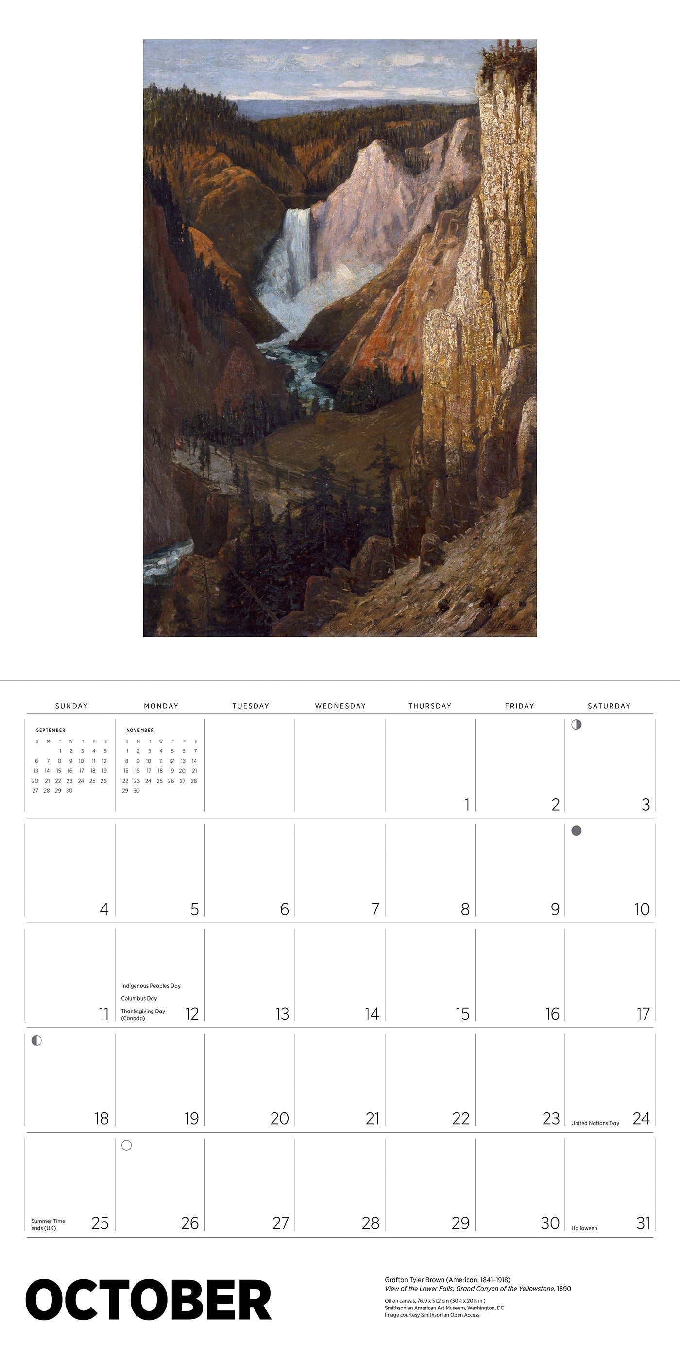 Calendar page for October with a painting of a canyon and waterfall.