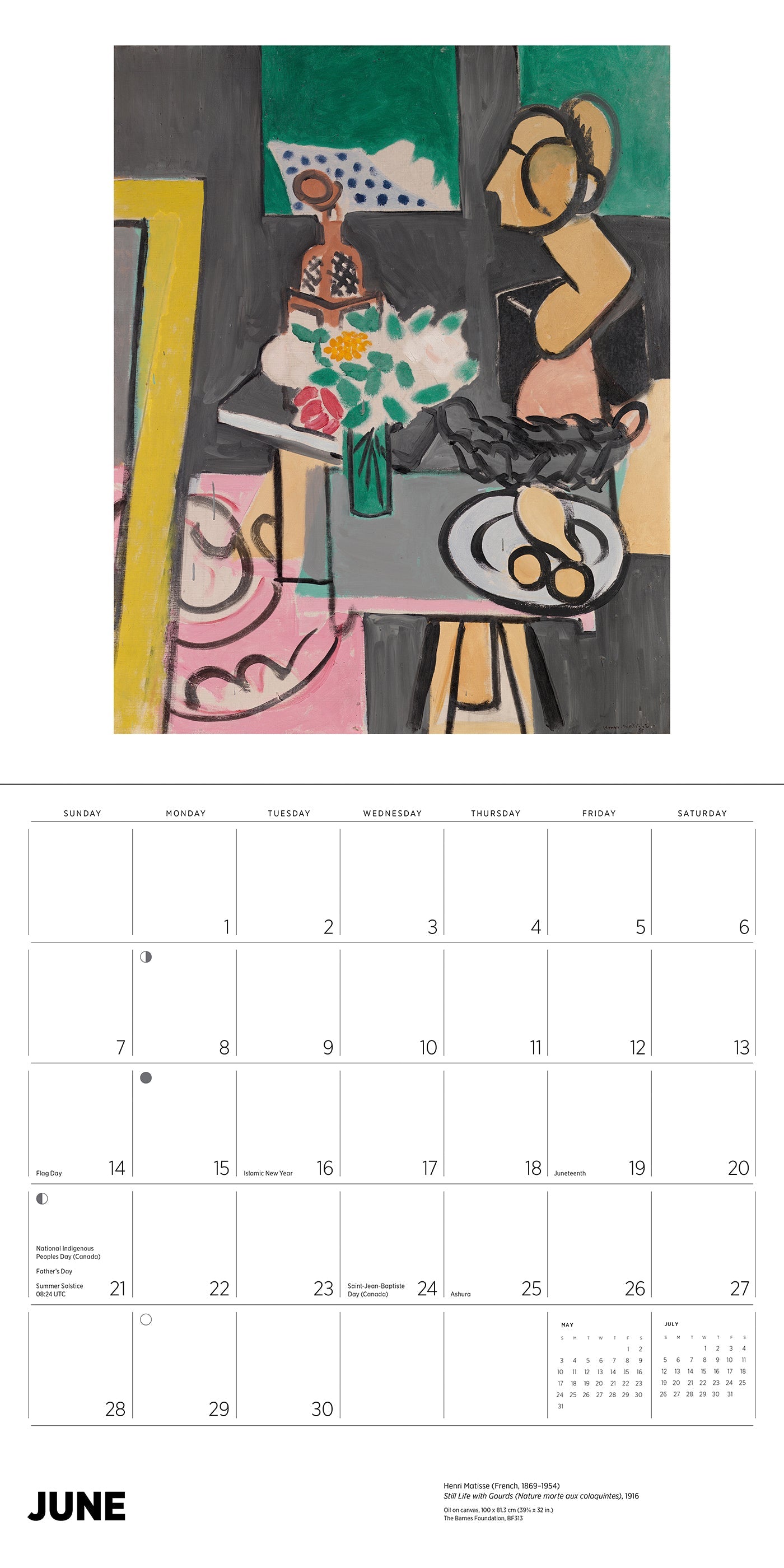 Calendar page with a Picasso-style painting of a woman at a table with flowers and fruit, and a calendar layout below.