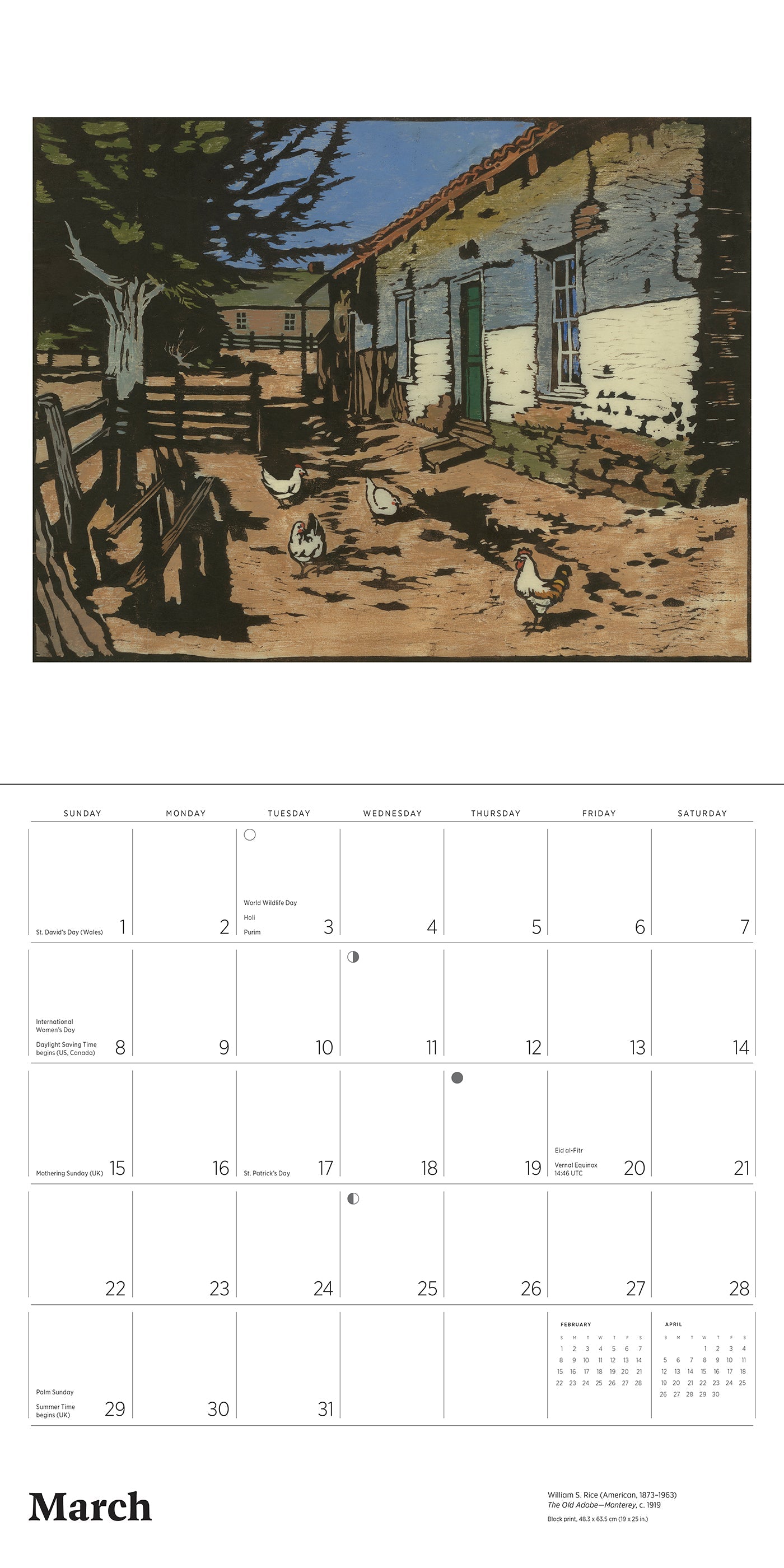 Calendar page with a rustic farm scene and March month layout.