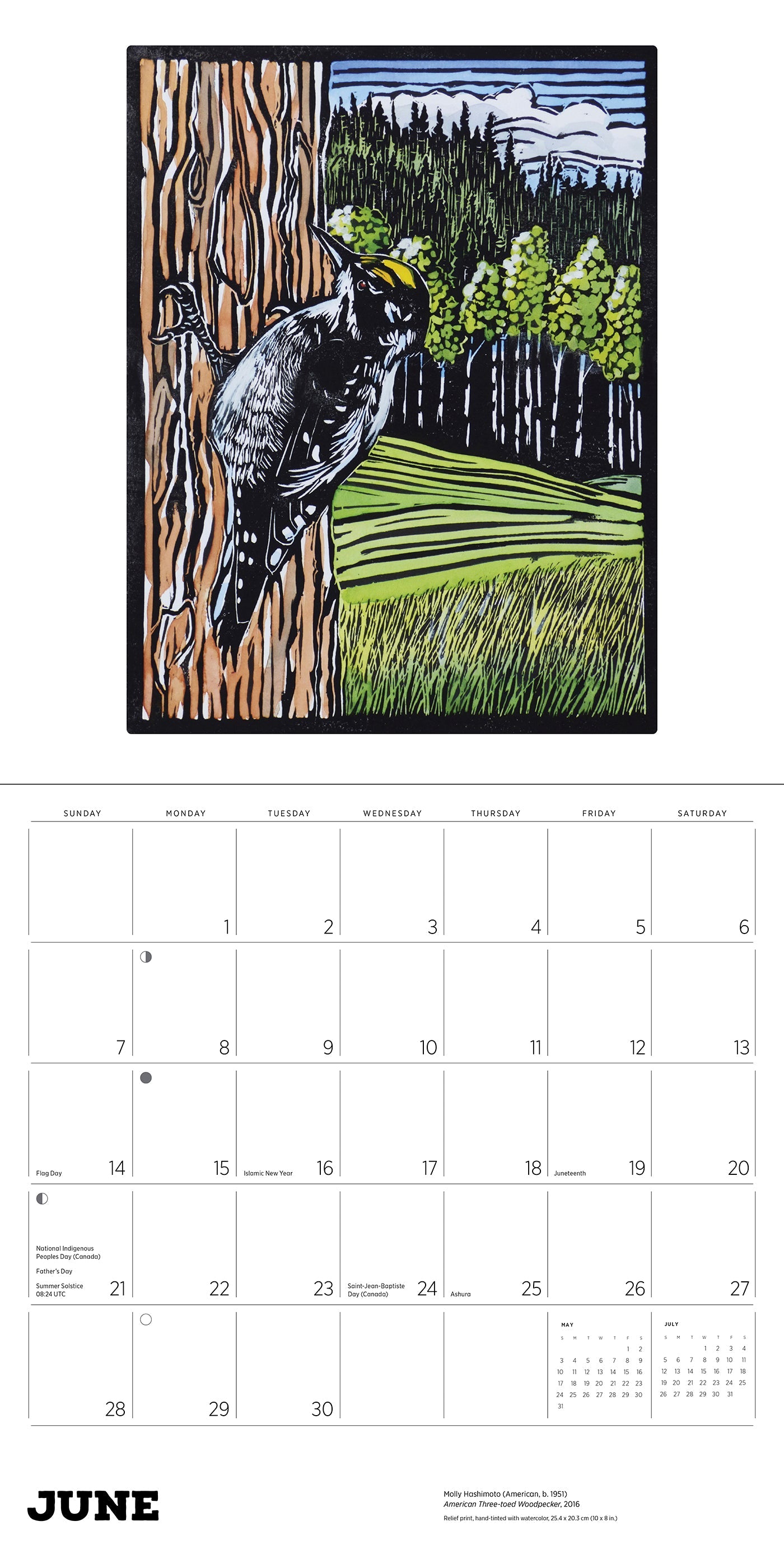 Calendar page for June with a woodpecker illustration on a tree trunk.