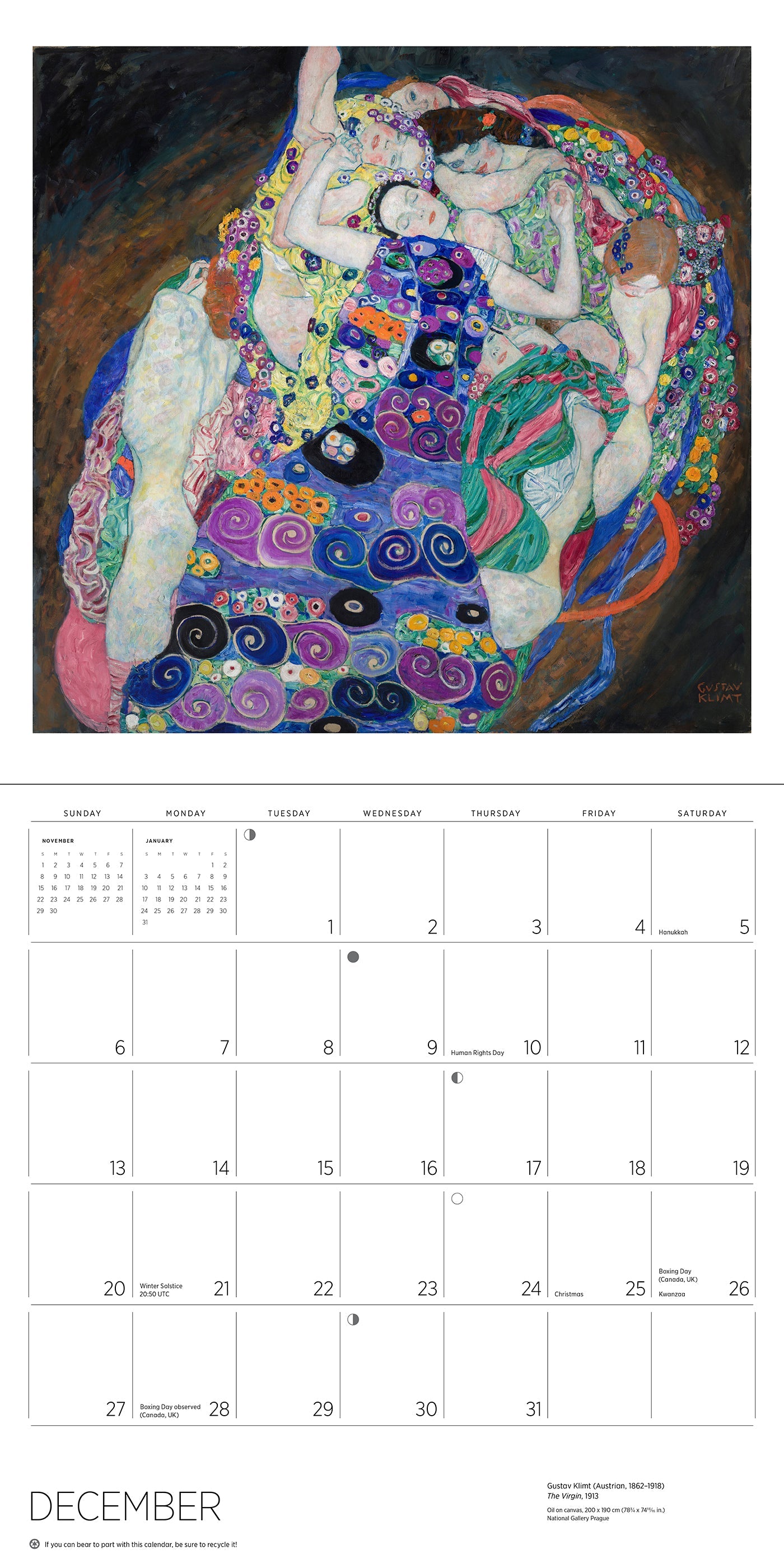 Calendar page with a Klimt painting of three women and a December calendar layout.