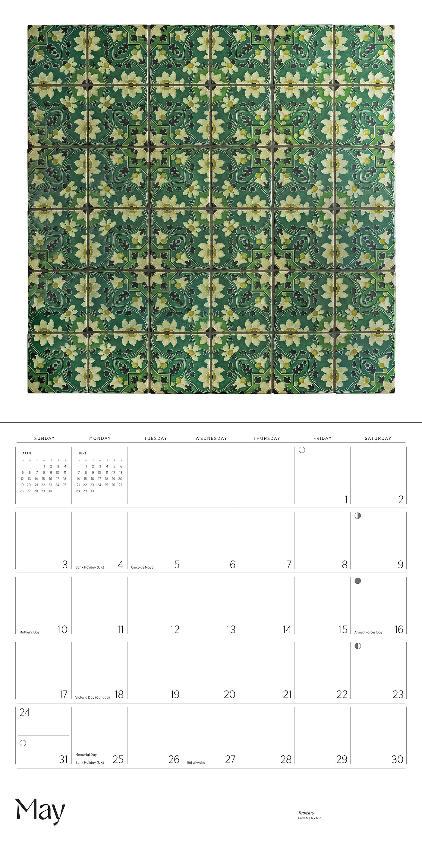 Calendar with a floral tile pattern on a green background