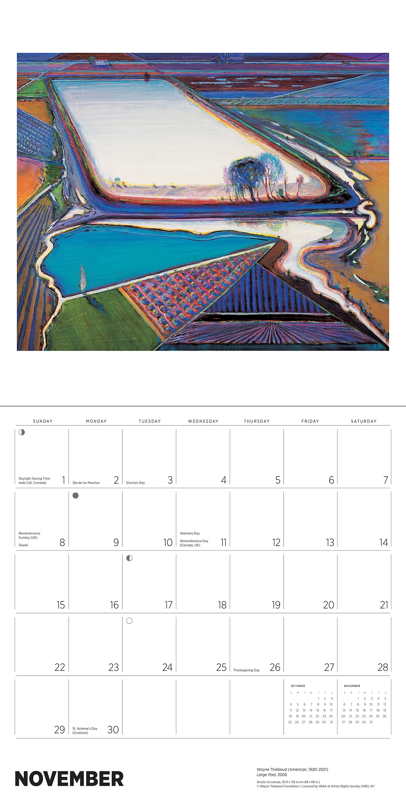 Calendar page for November with a colorful abstract landscape design.