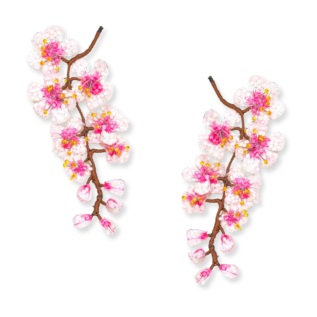 Pair of earrings with cherry blossom design on a white background