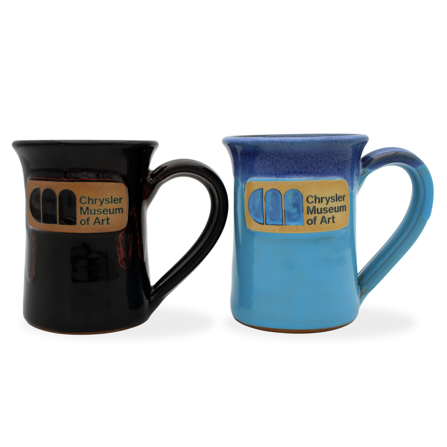 Two mugs, one black and one blue, with Chrysler Museum of Art logo.
