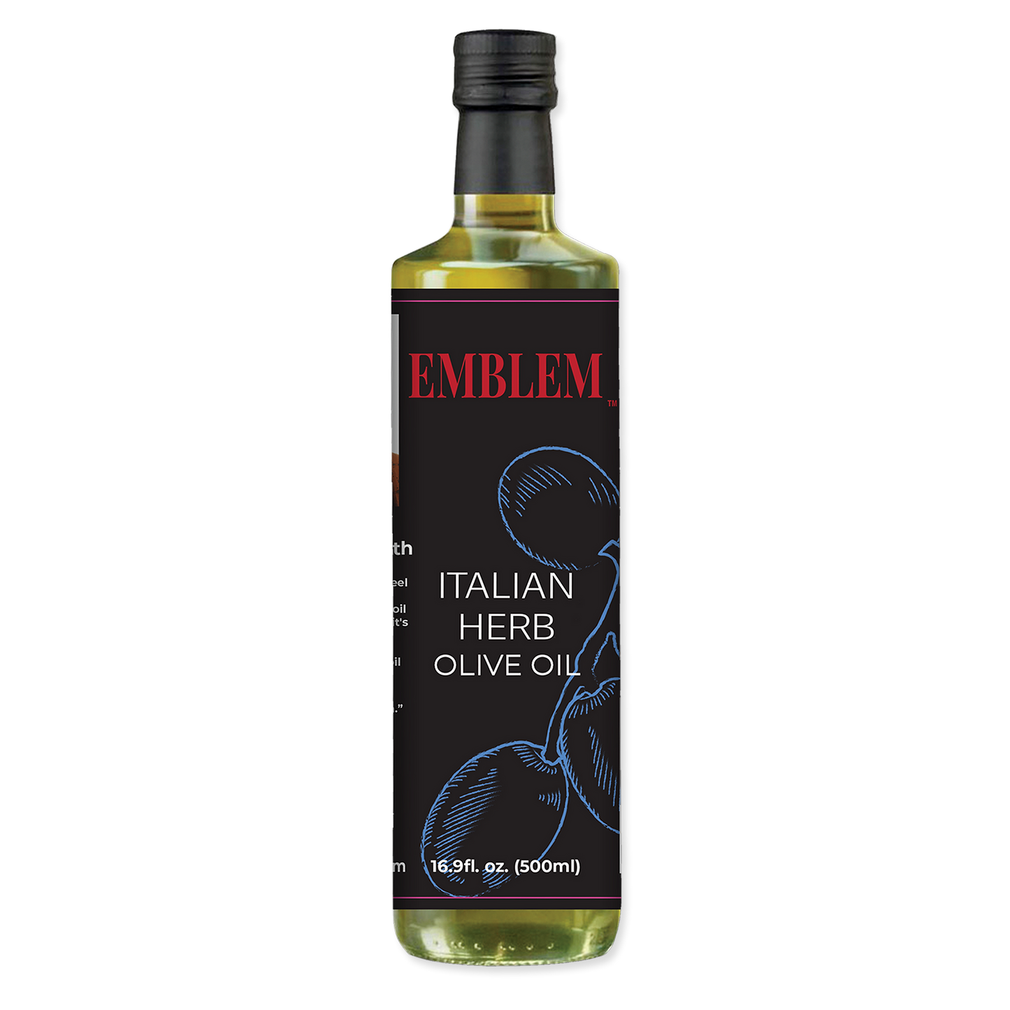 Bottle of Emblem Italian Herb Olive Oil on a white background