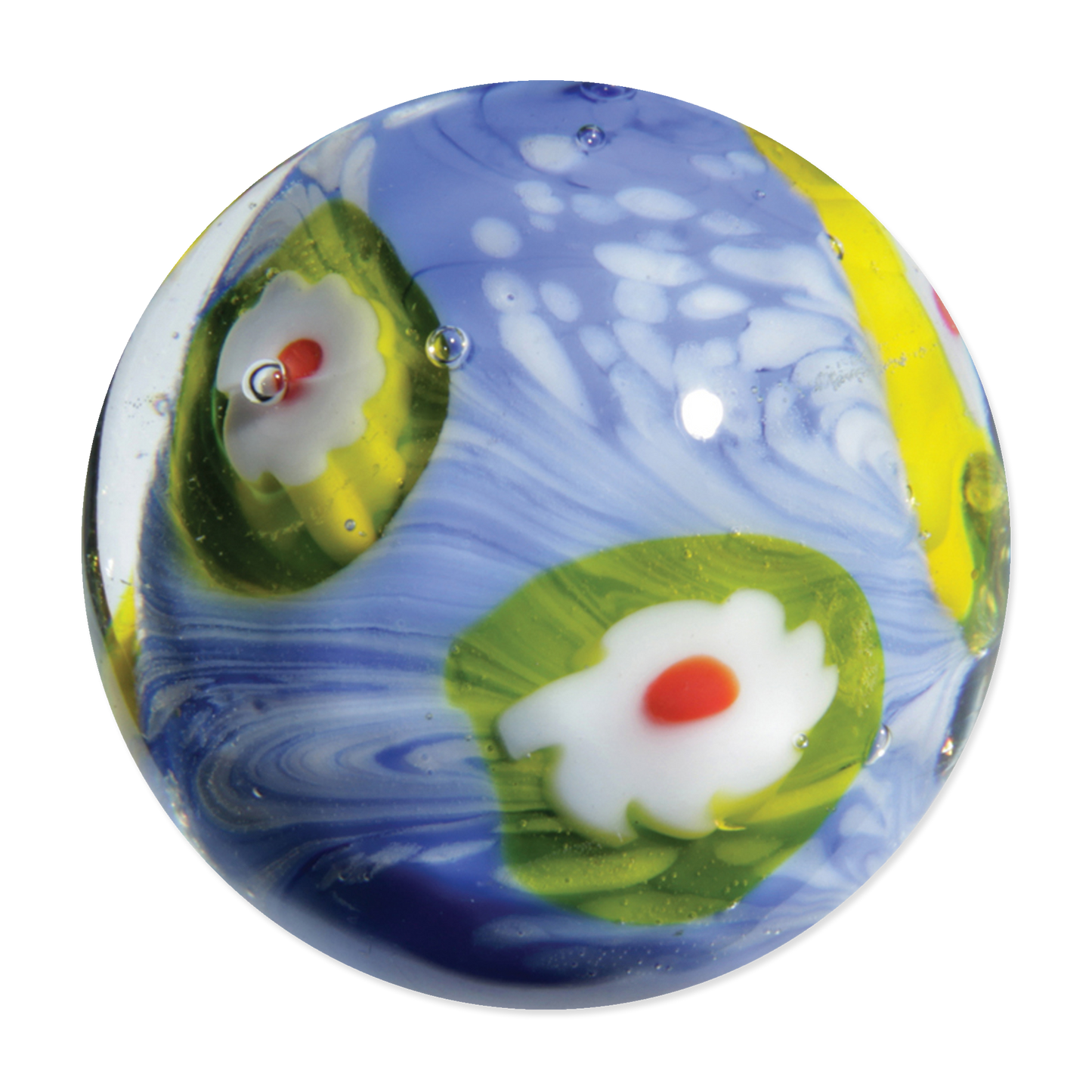 Decorative glass marble with floral designs on a white background