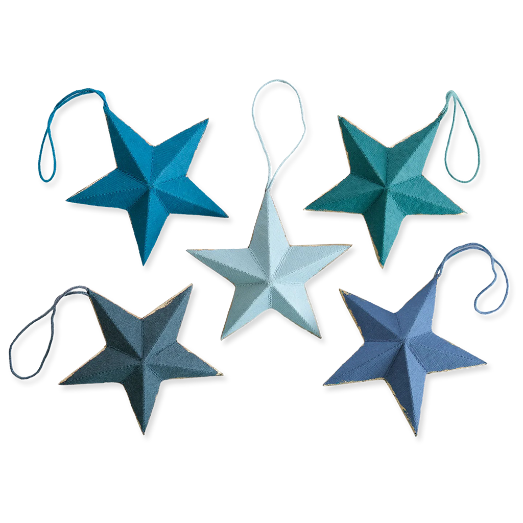 Set of five star-shaped ornaments in blue and green on a white background