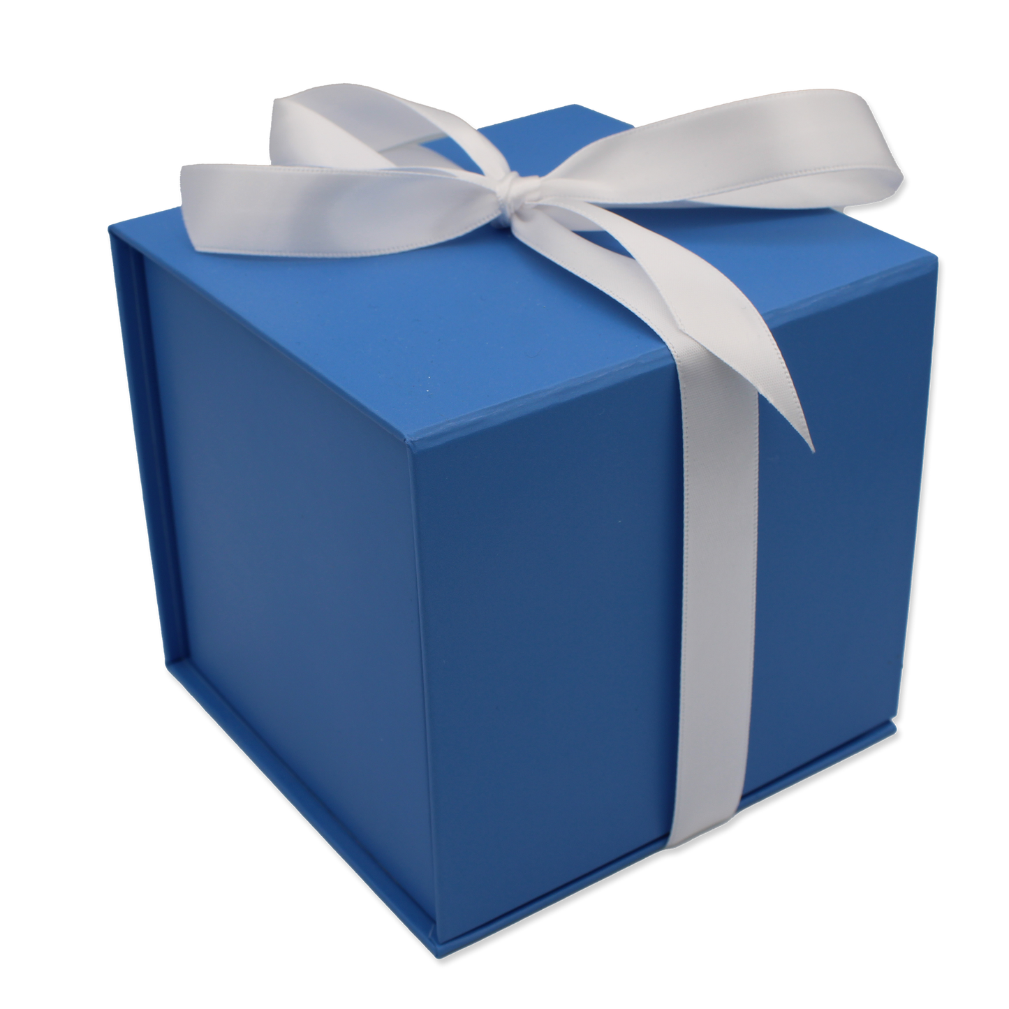 A solid blue gift box with a white ribbon and a white bow on top, tied with a ribbon.