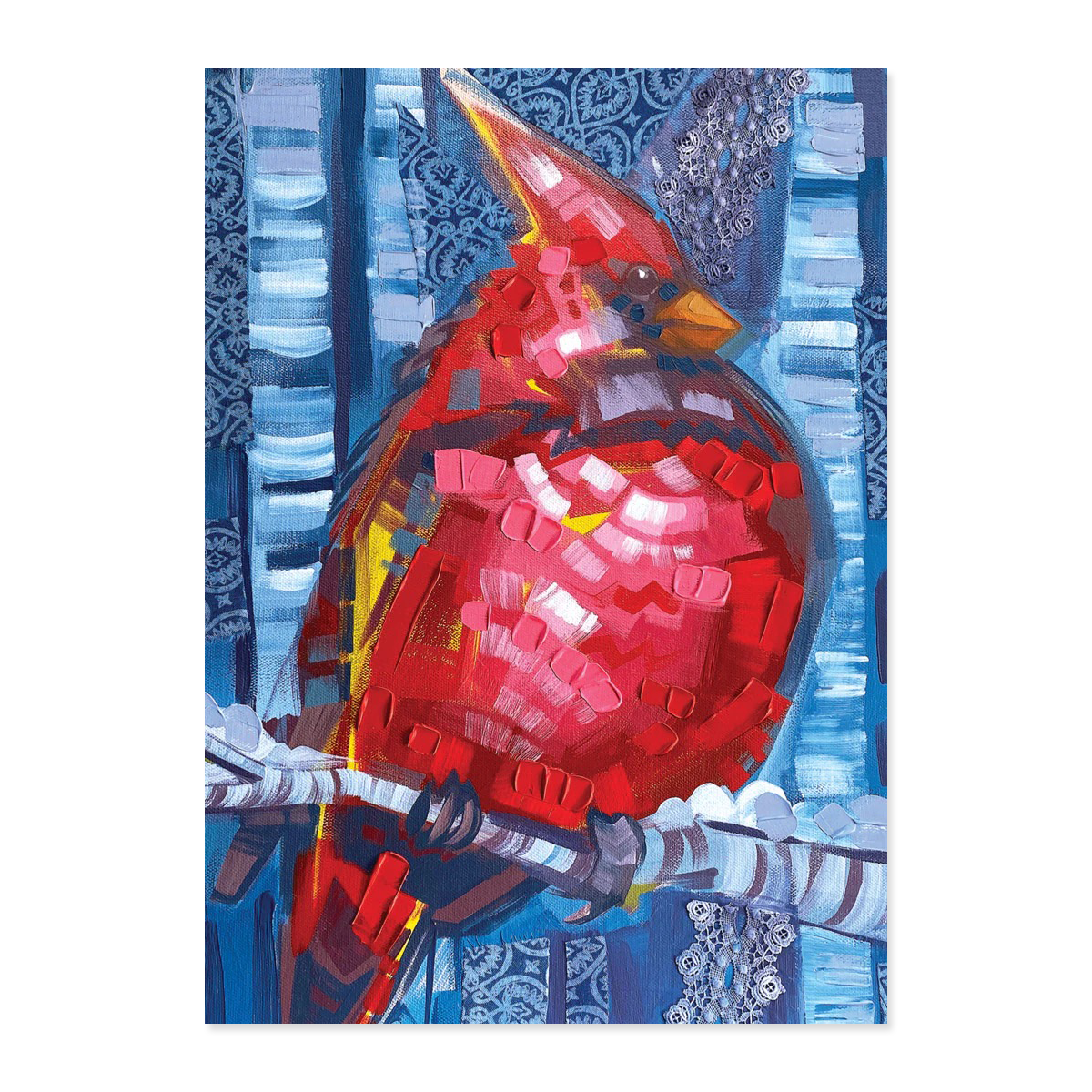 Colorful bird illustration with a blue patterned background