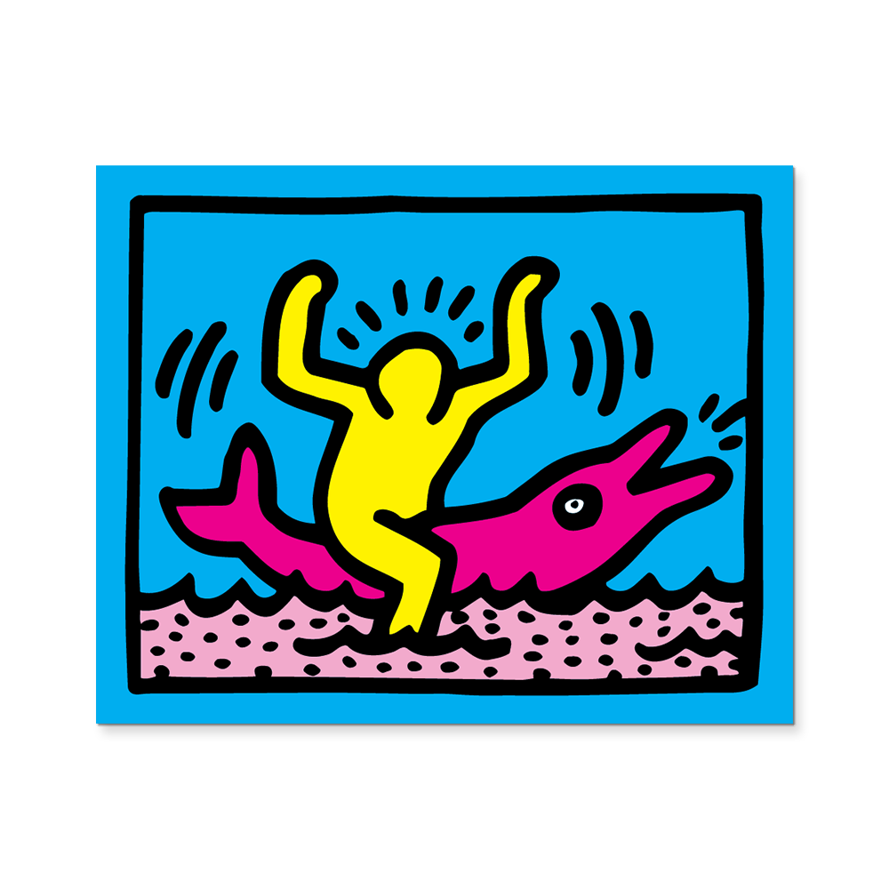 Colorful artwork of a yellow figure riding a pink fish on a blue background