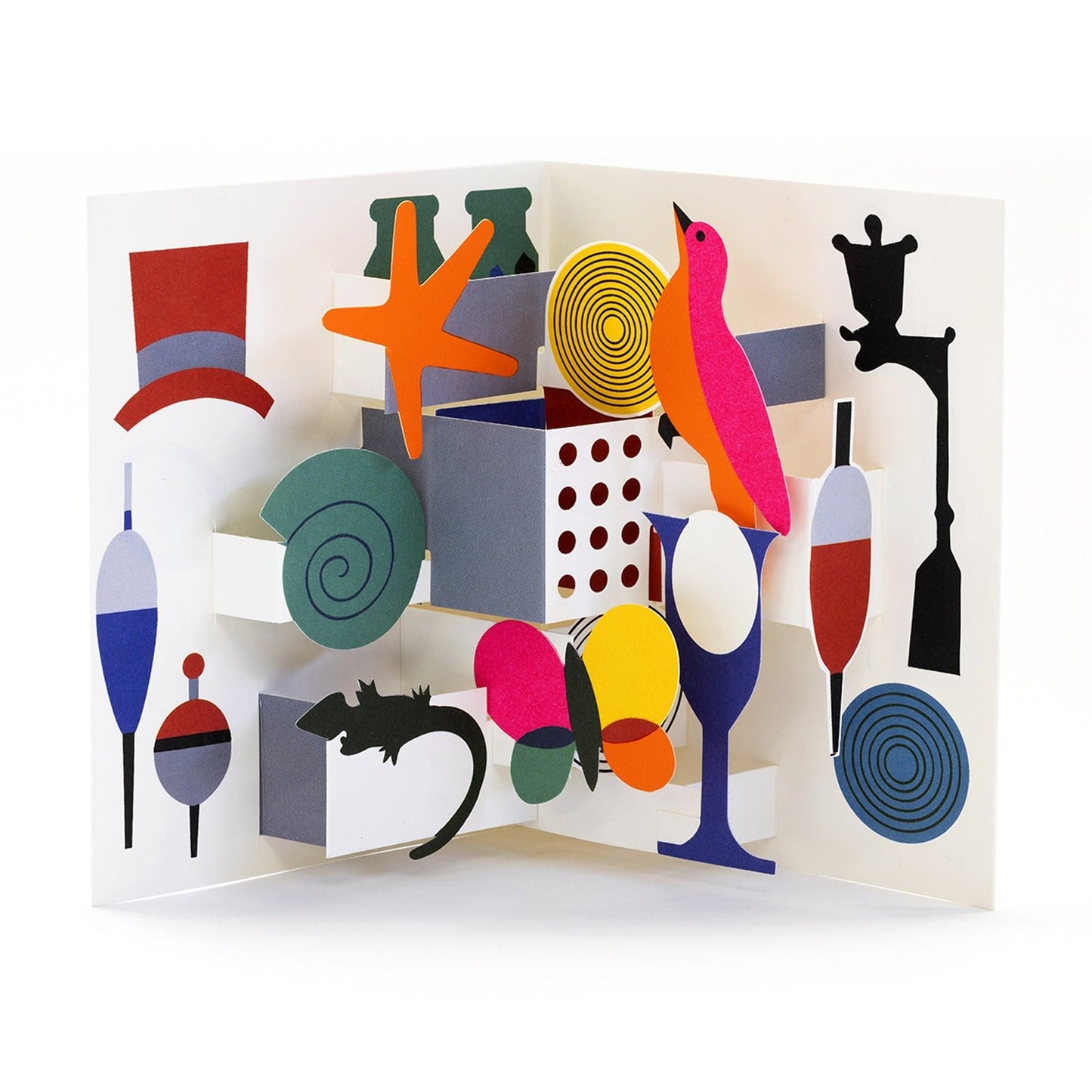Colorful 3D paper art with geometric shapes on a white background