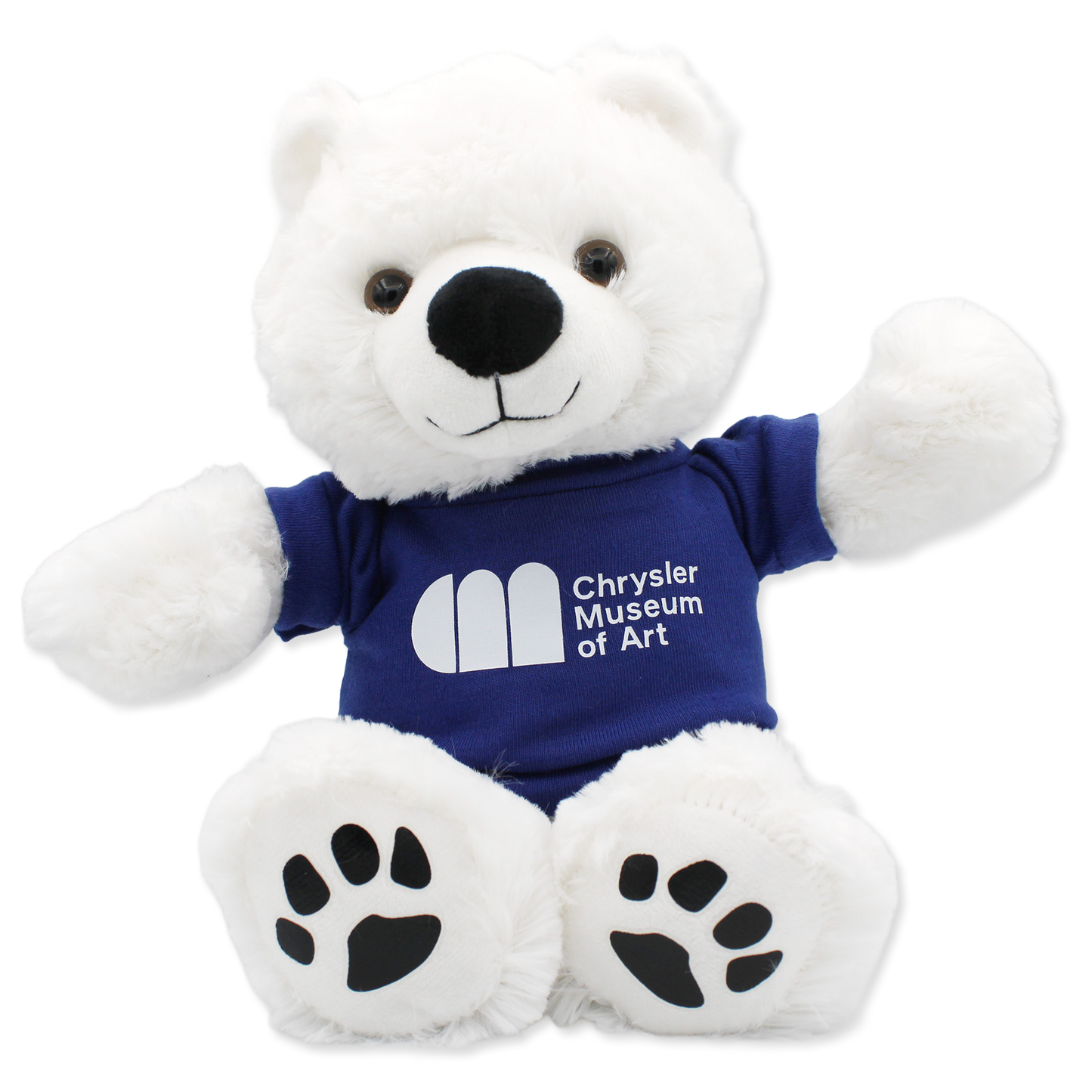 White teddy bear wearing a blue shirt with a logo on a white background