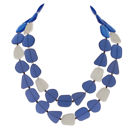 Two-strand 'Alma' Necklace with Blue and White Recycled Glass Beads