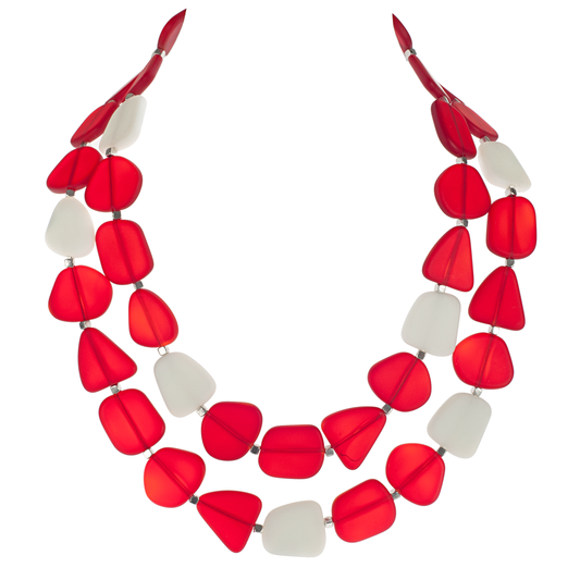Two-strand 'Alma' Necklace with Red and White Recycled Glass Beads