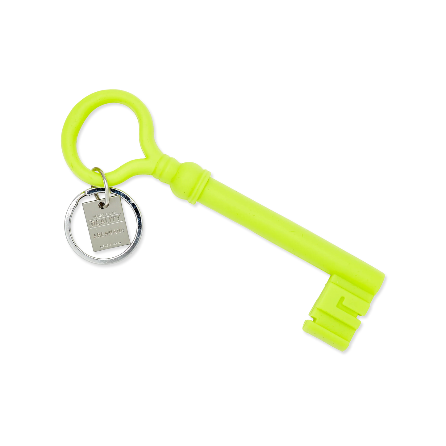 Neon green key-shaped keychain with a silver tag on a white background