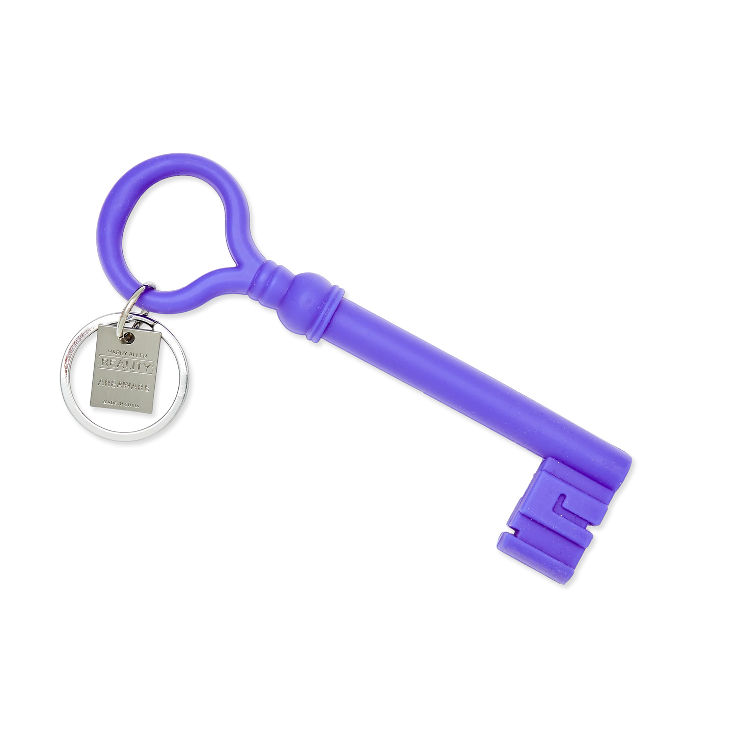 Purple key-shaped keychain on a white background