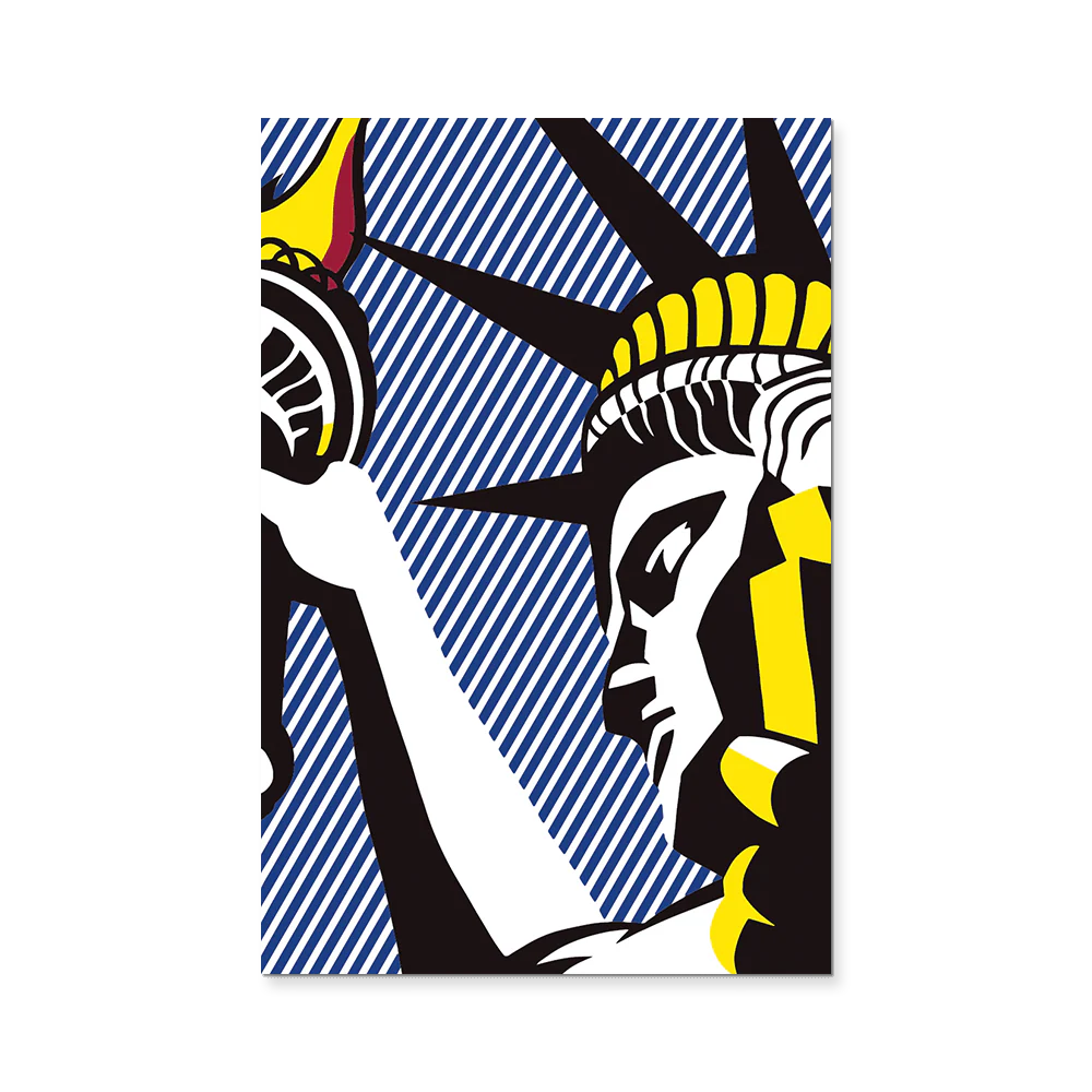 Pop art-style depiction of the Statue of Liberty with a blue and white striped background