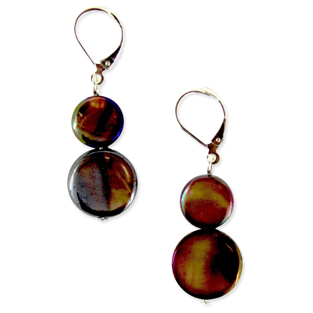 Pair of earrings with brown and black circular stones on a white background