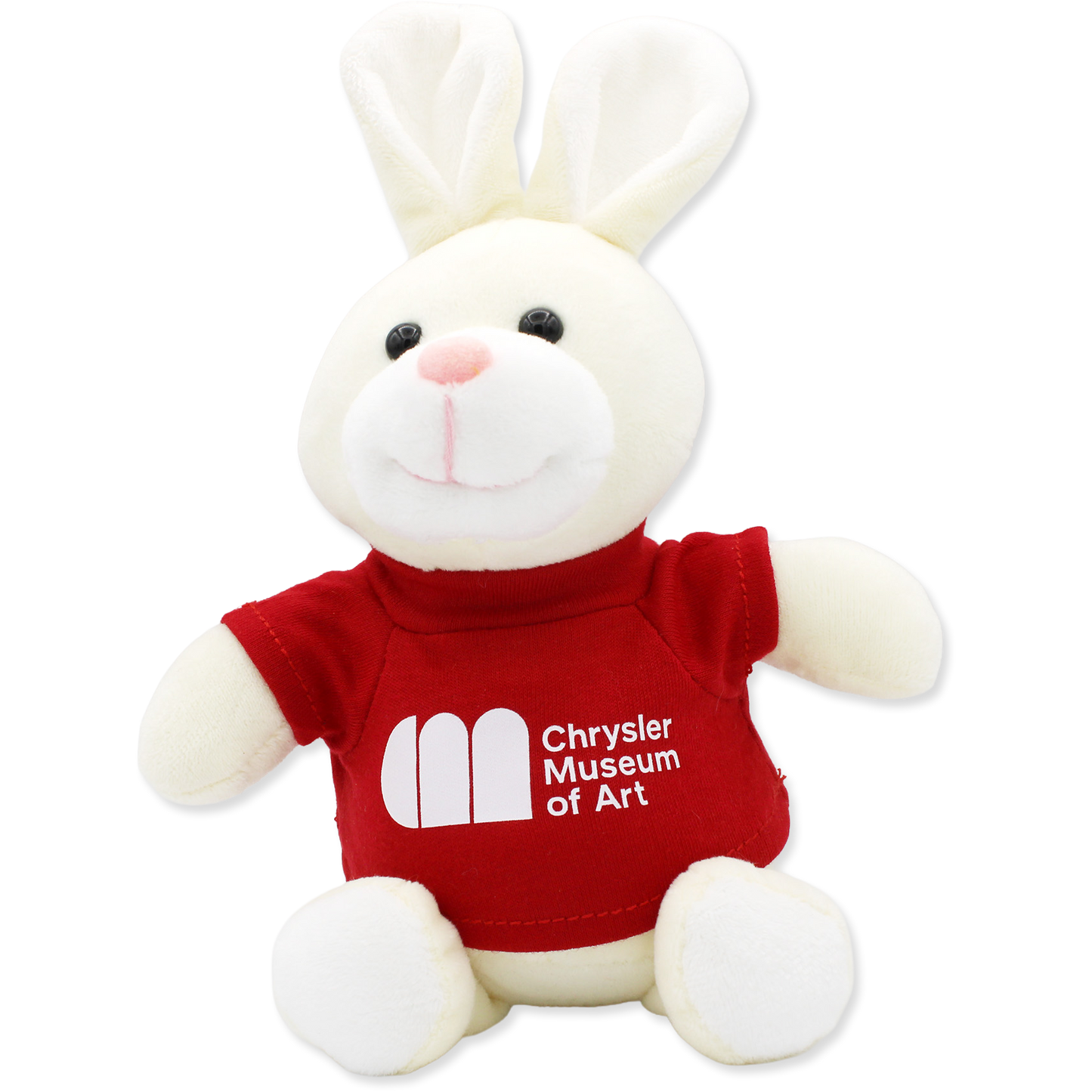 Plush bunny wearing a red shirt with 'Chrysler Museum of Art' logo on a white background
