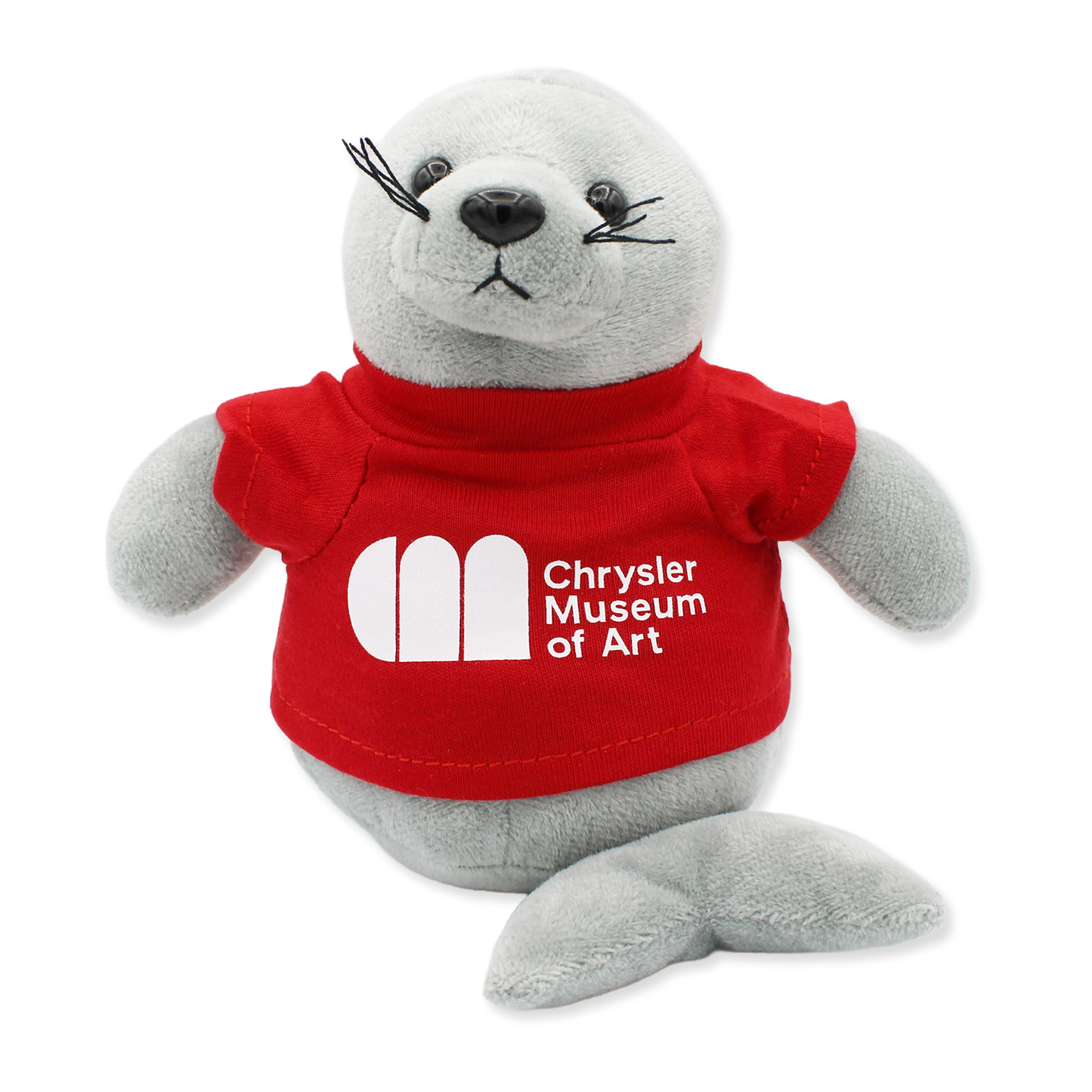 Plush seal toy wearing a red shirt with 'Chrysler Museum of Art' logo on a white background