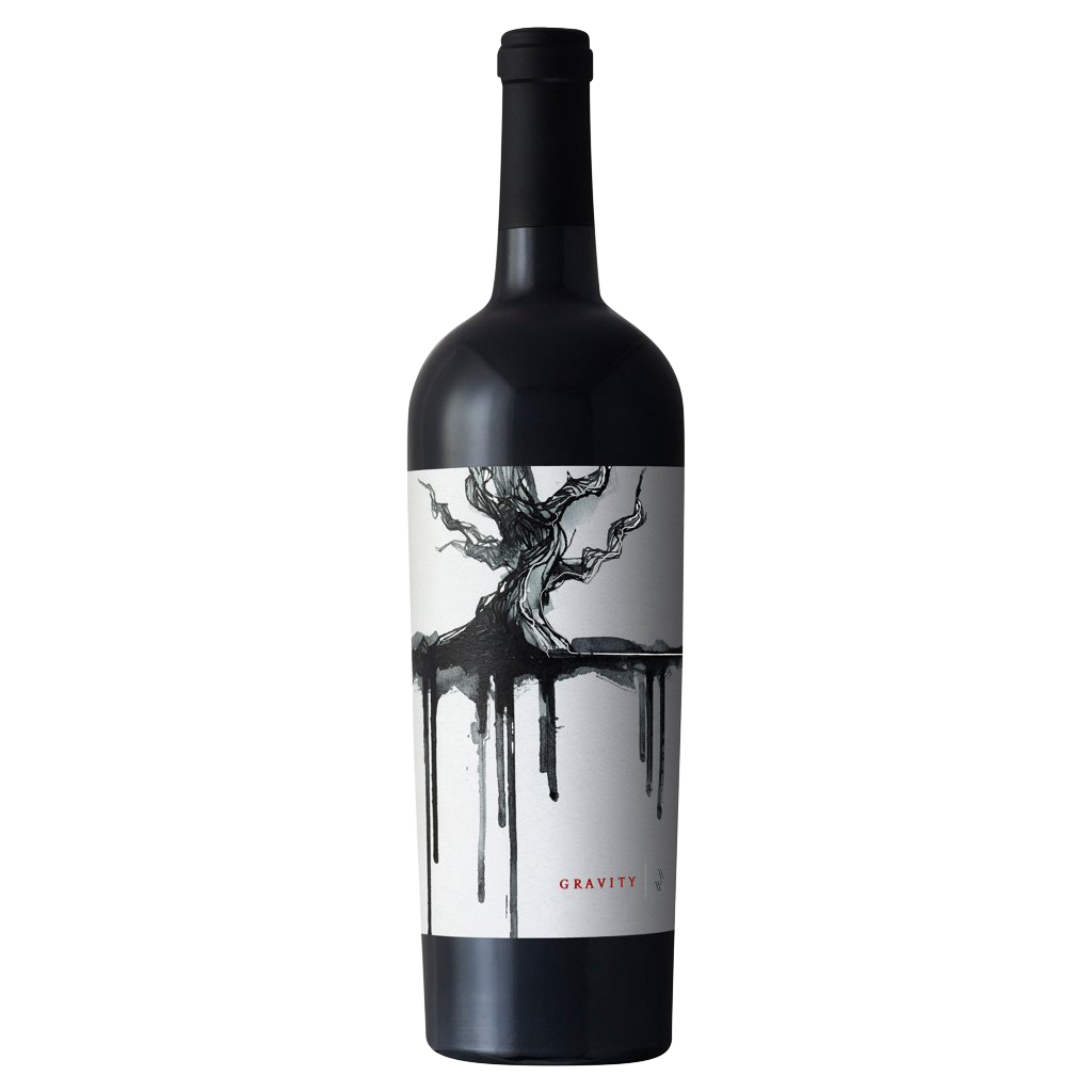 Wine bottle with a black and white label on a white background