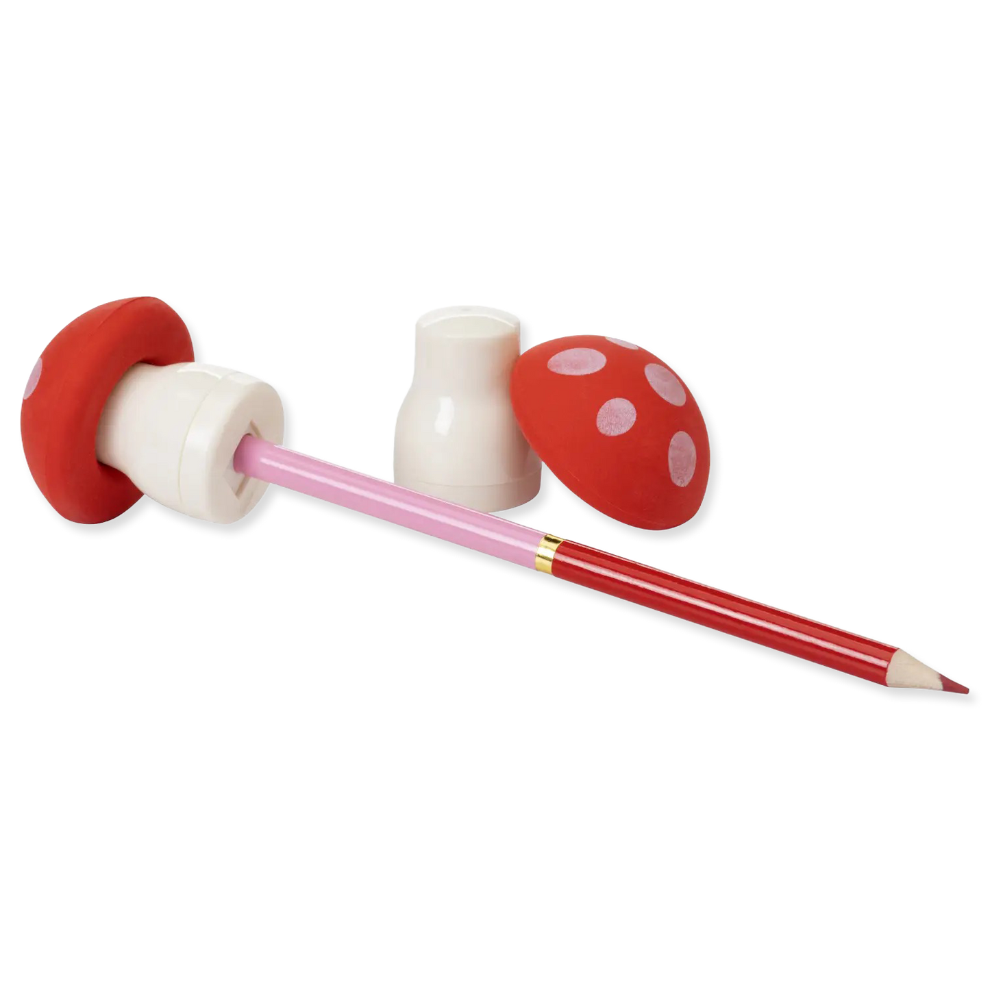 Red and white mushroom-shaped pencil sharpener with a pink pencil on a white background