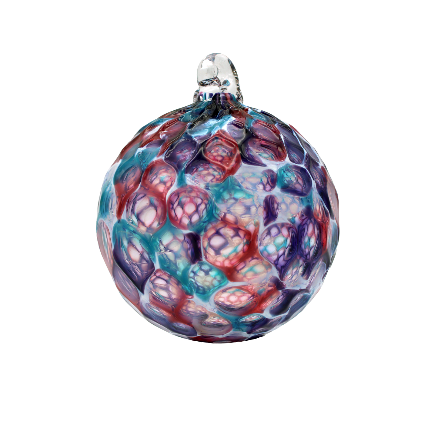 Multicolored glass ornament on a white background