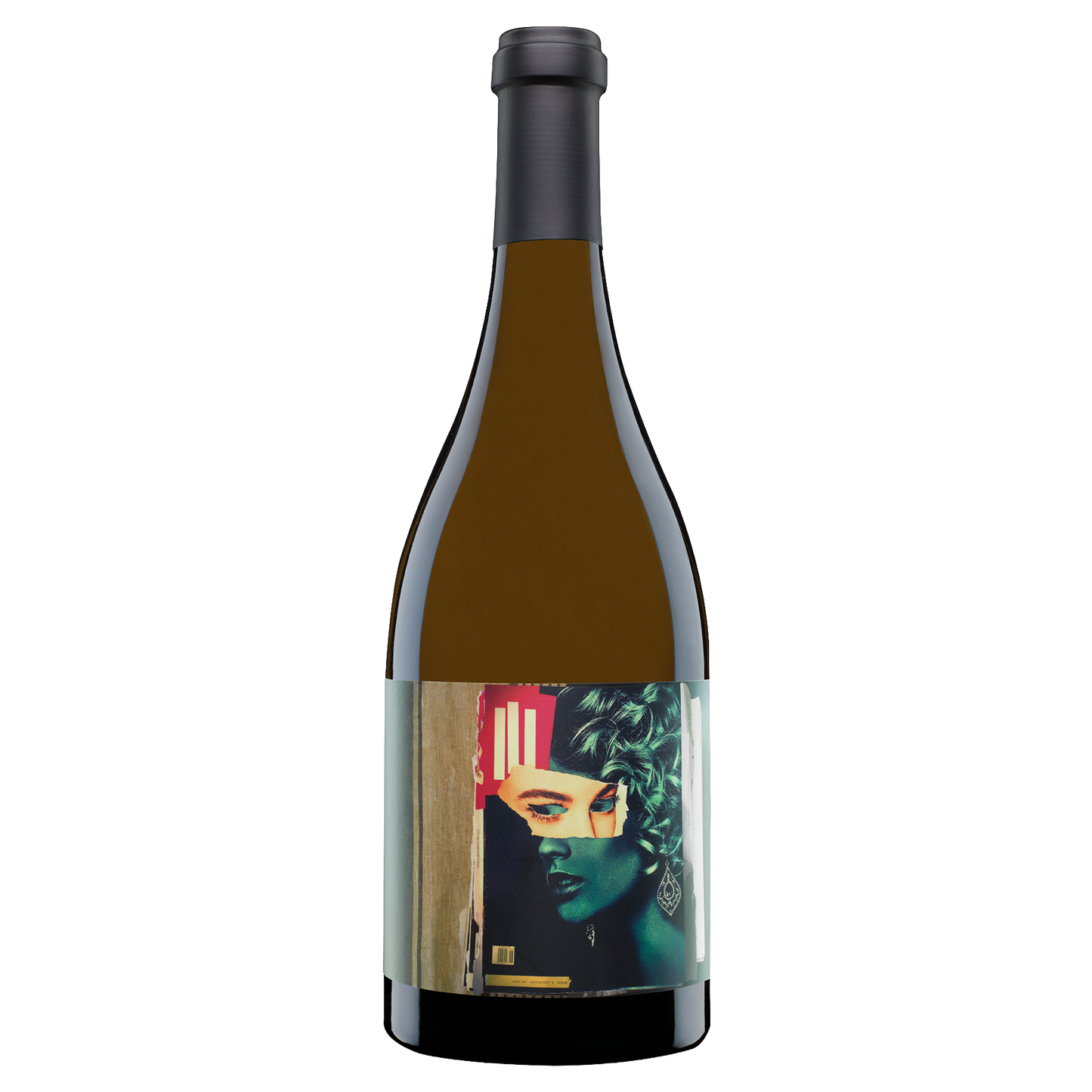 Wine bottle with a label featuring a stylized face on a white background