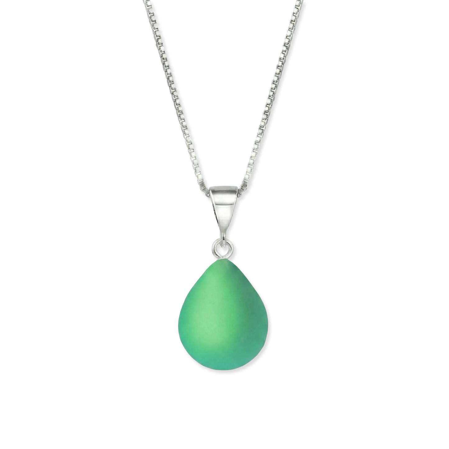 Green teardrop pendant on a silver chain against a white background