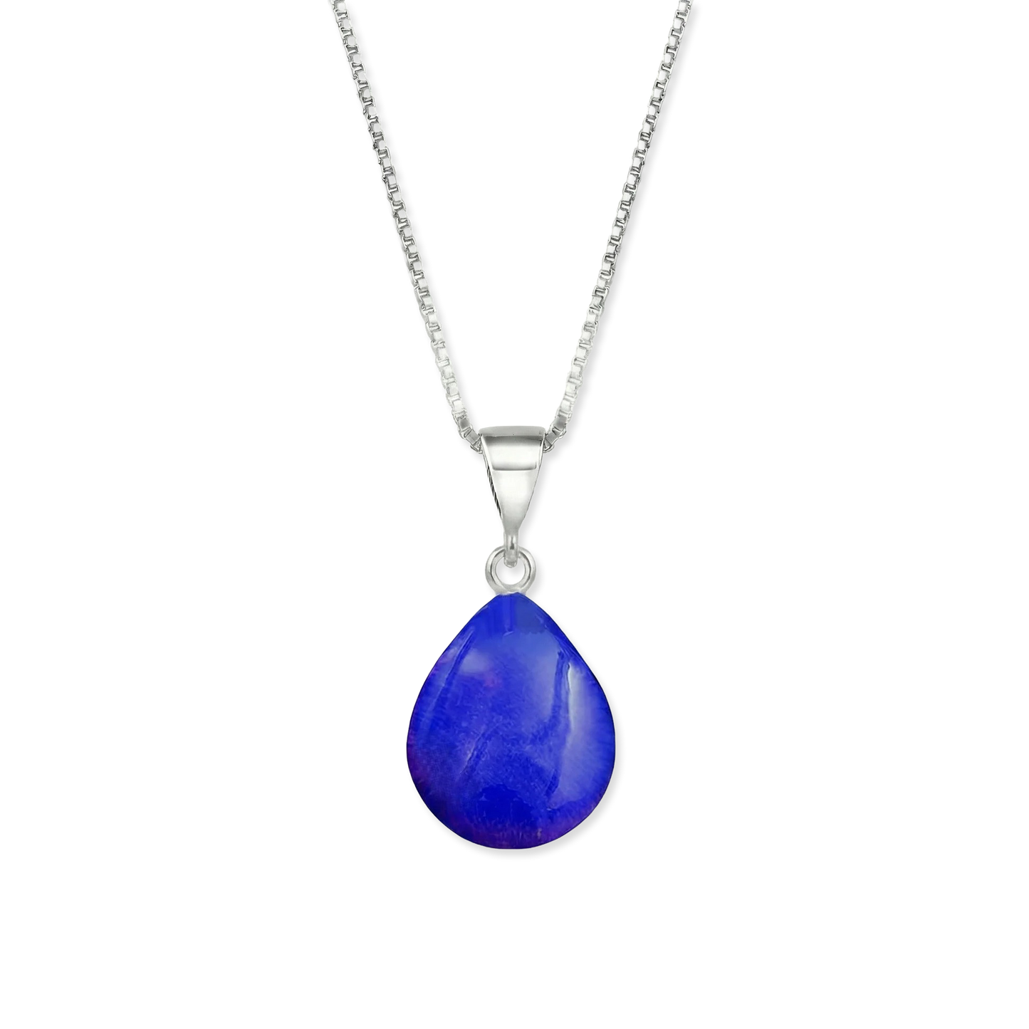Violet teardrop pendant on a silver chain against a white background