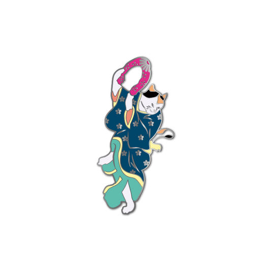Enamel Pin: Ukiyo-e Dancing Cat with Pink Scarf