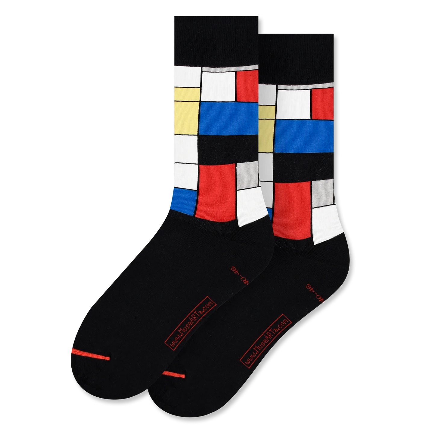 Composición de Mondrian con calcetines rojos, azules y amarillos