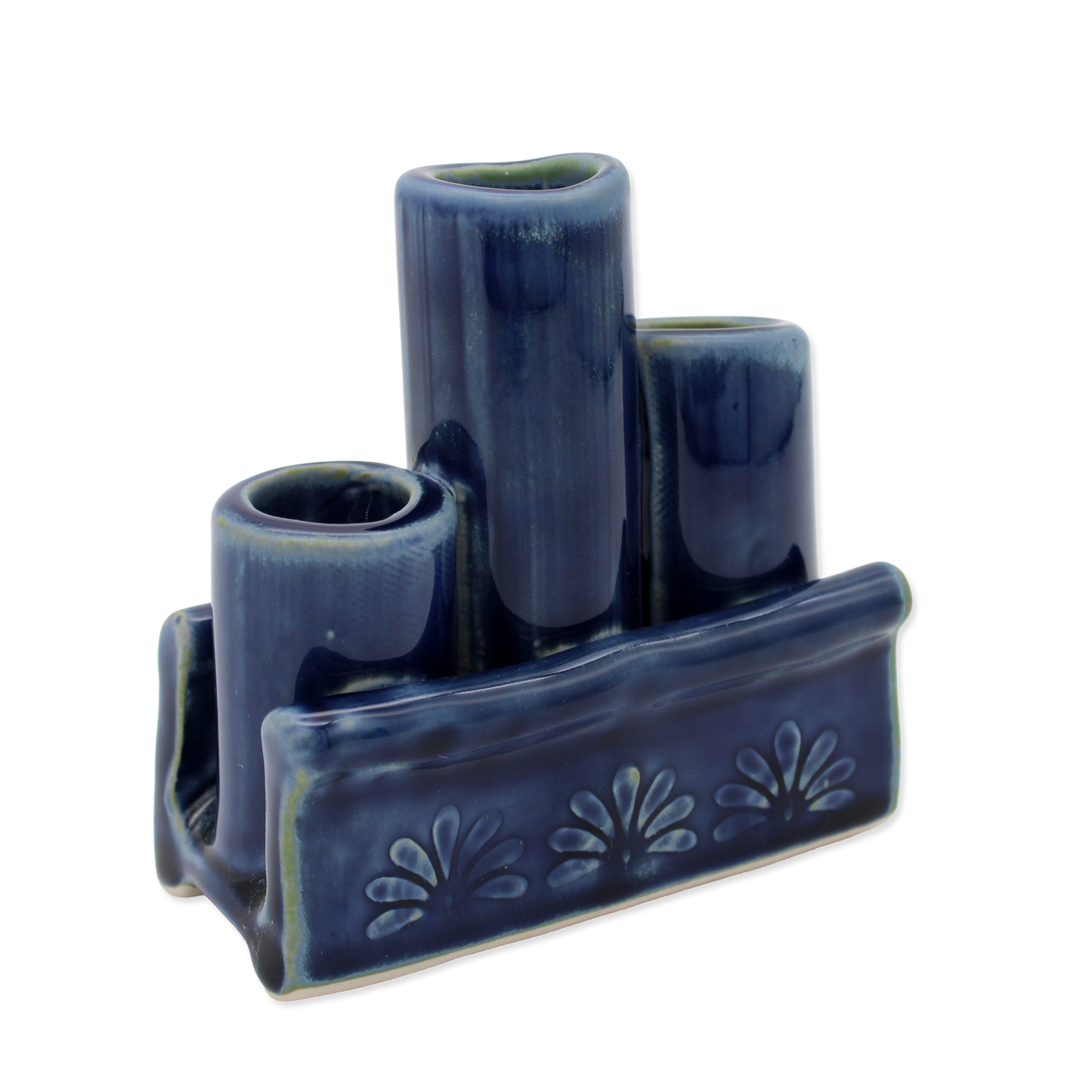Blue ceramic vase set with a rectangular base on a white background