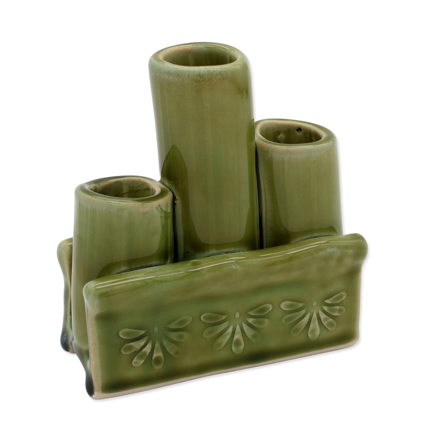 Green ceramic planter with three cylindrical sections on a white background